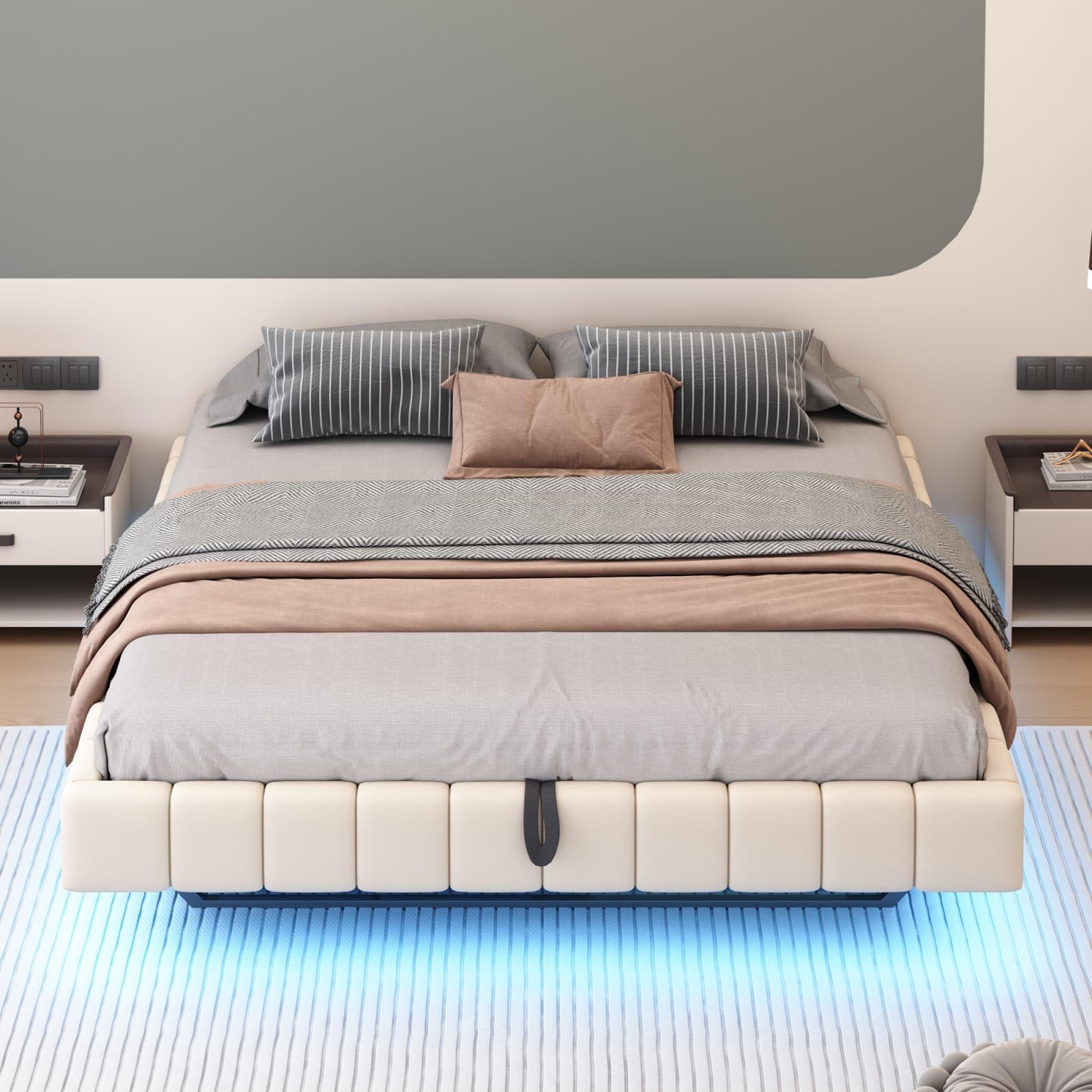 PUGSDRLY Lit 180x200cm sans Tête de lit avec éclairage LED et Espace de Rangement,Lit Double Coffre Capitonné Multifonctionnel,sans Matelas (Beige, 180x200)