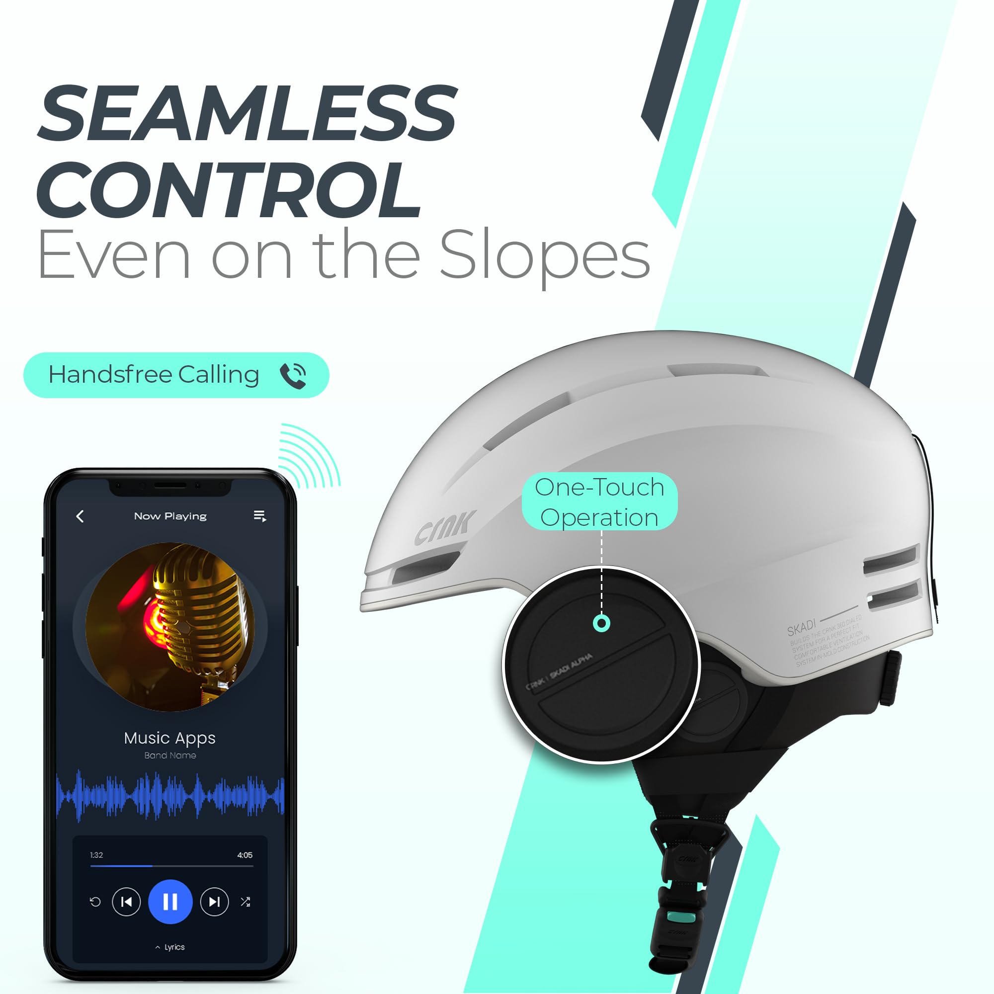 CRNK Skadi Casque de Ski Bluetooth - Casque Ski Homme - Casque Ski Femme - Casques de Ski - Casque Snowboard - Ski Homme - Casque de Ski Homme - Ski Bluetooth - Casque Ski Blanc - Noise Cancelling
