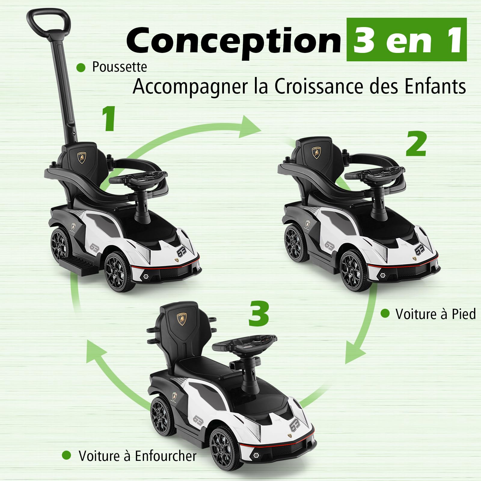 COSTWAY 3 en 1 Lamborghini Porteur Enfant avec Poignée Détachable, Voiture à Pousser Bébé avec Volant & Klaxon, Espace Caché & Repose-Pieds, Charge 25kg pour Enfants de 18-36 Mois