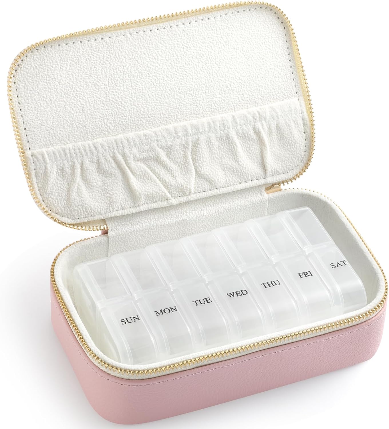 Genuine Leather Travel Pill Organizer Box Case 2 Times a Day for Purse for Women, Cute Medicine Pill Holder Containers for Vitamin Medium Weekly Daily 7 Day Am Pm Pill Organizer(Beige)