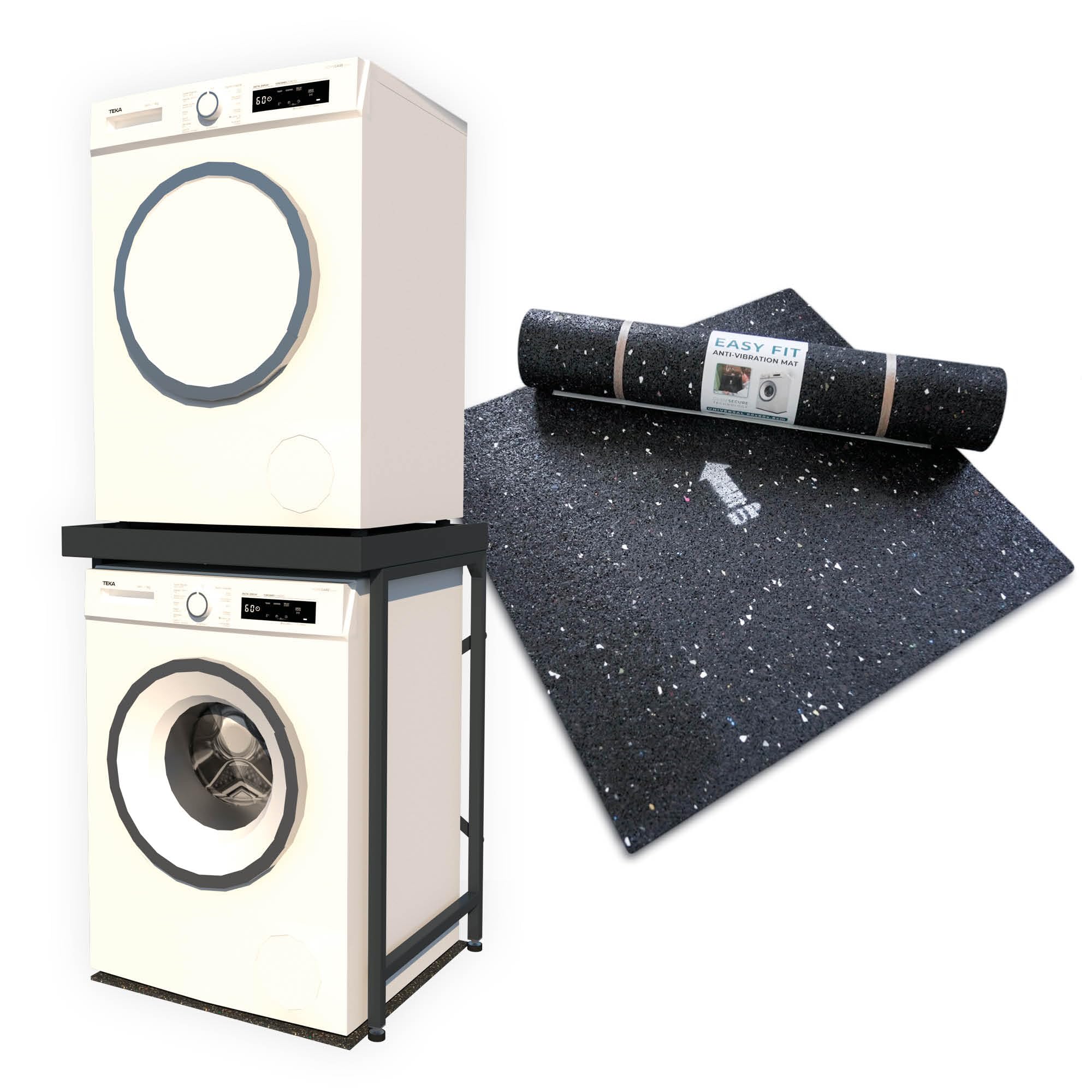 Appliance Stand - Grey with Worktop, Anti-Tip Plinth +1 Anti-Vibration Mat (600×600×8mm) | Heavy-Duty Washing Machine Stand & Universal Stacking Kit | Washer & Dryer Pedestal for Laundry