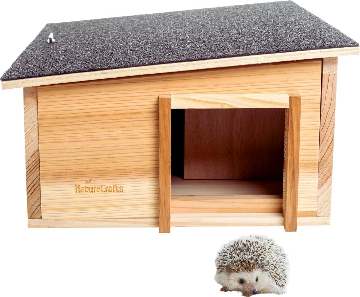 NatureCrafts, casetta per ricci di alta qualità, impermeabile, con fondo e pareti spesse 1,5 cm e doppia ventilazione, labirinto regolabile con tunnel walk-in legno, casa invernale da giardino, 45 x