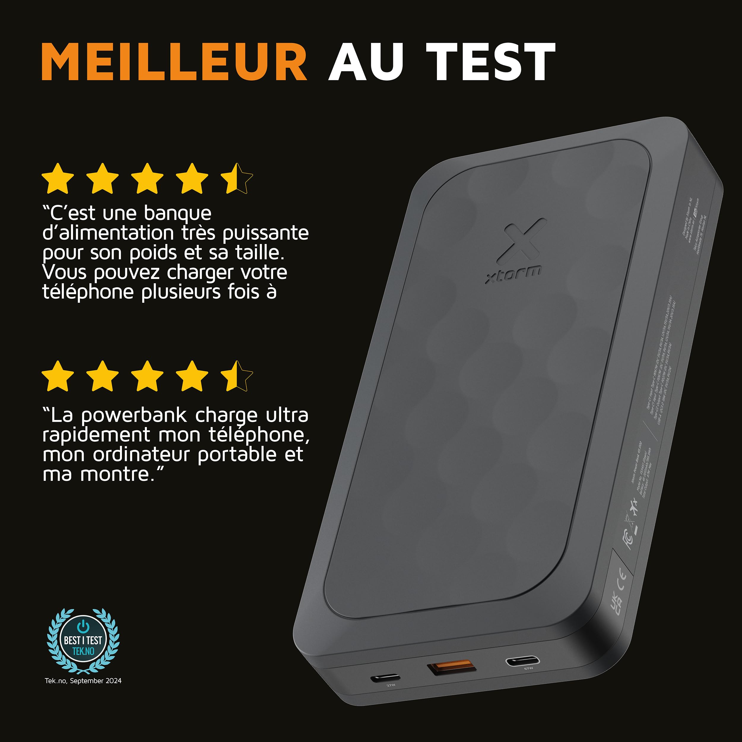 Xtorm 67W Série Fuel 5 Batterie Externe 45 000mAh, Affichage LED, 2 x USB-C / 1 x USB-A, Matériau 100% GRS, Fonctions de sécurité, Compatible avec Samsung et iPhone, Noir