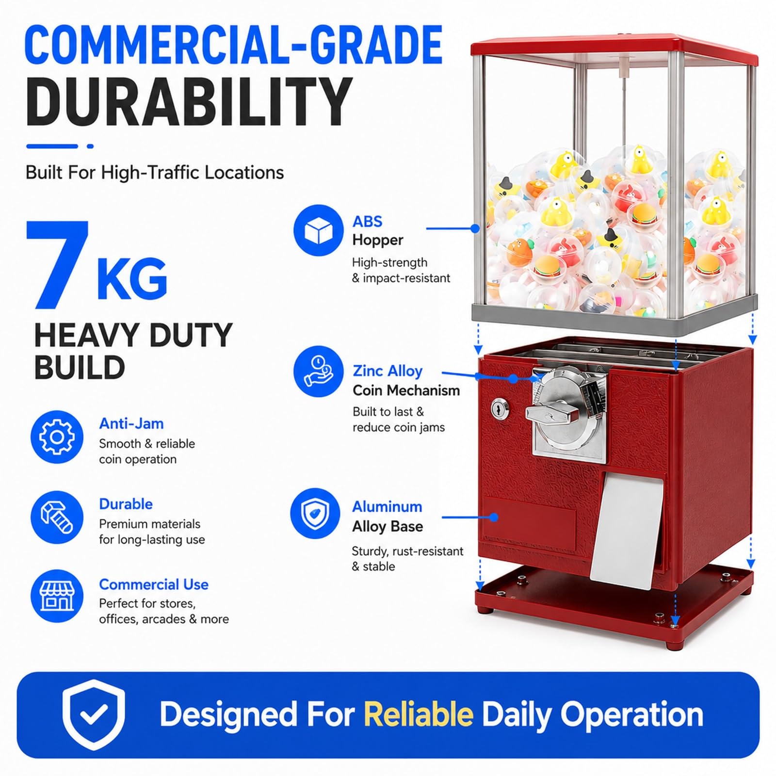 Distributore Automatico a Monete per Capsule, Vending Machine Commerciale con Capacità 200 Capsule e Cassaforte da 800 Monete, Dispenser Caramelle da Banco per Negozi Sale Giochi(Blue)