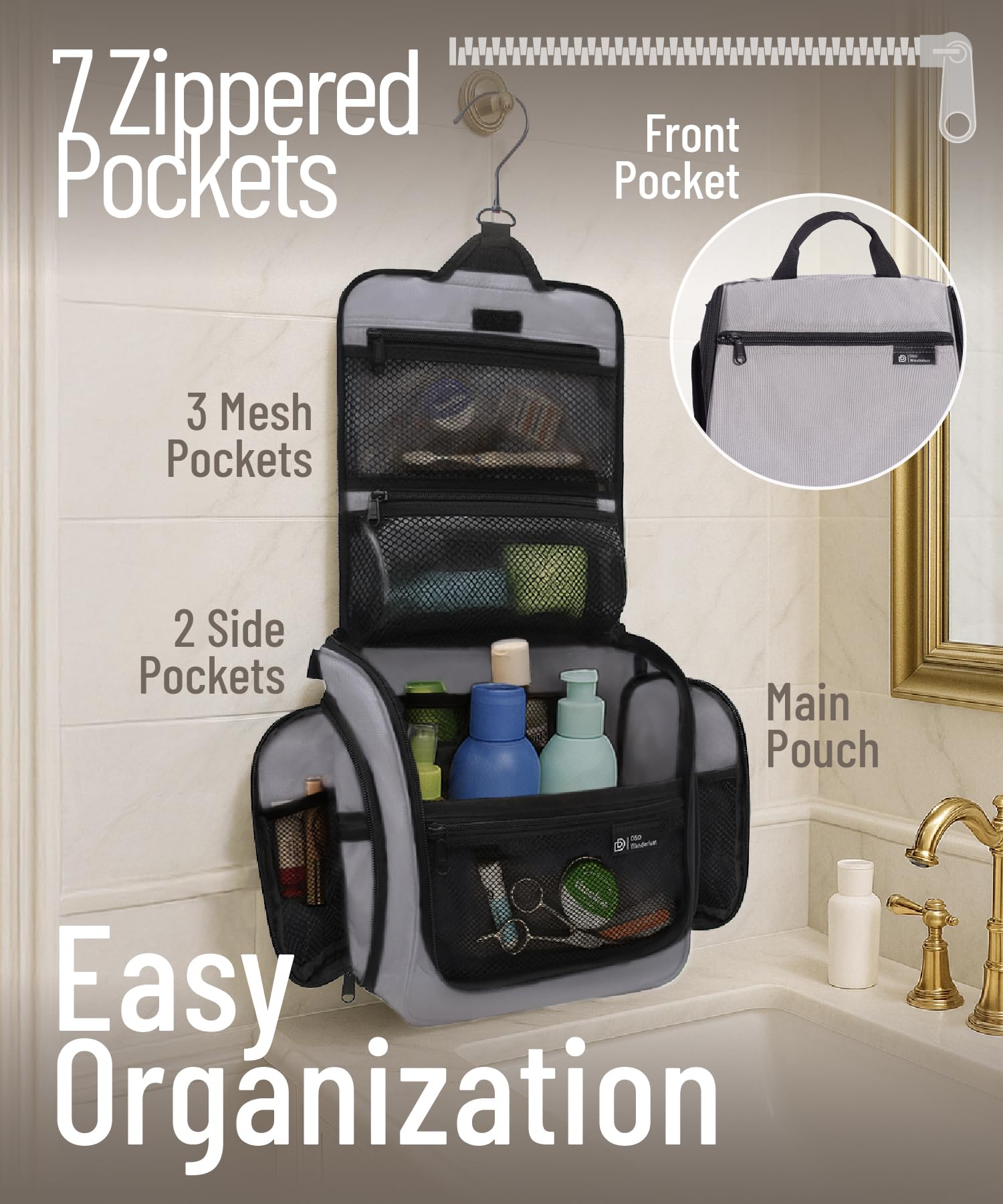 D&D Kulturbeutel zum Aufhängen für Damen und Herren - Kosmetik-, Make-up- und Toilettenartikel-Organizer-Set mit 10 Fächern, Reißverschlüssen, XXL-Metall-Drehhaken, wasserabweisendes Nylon