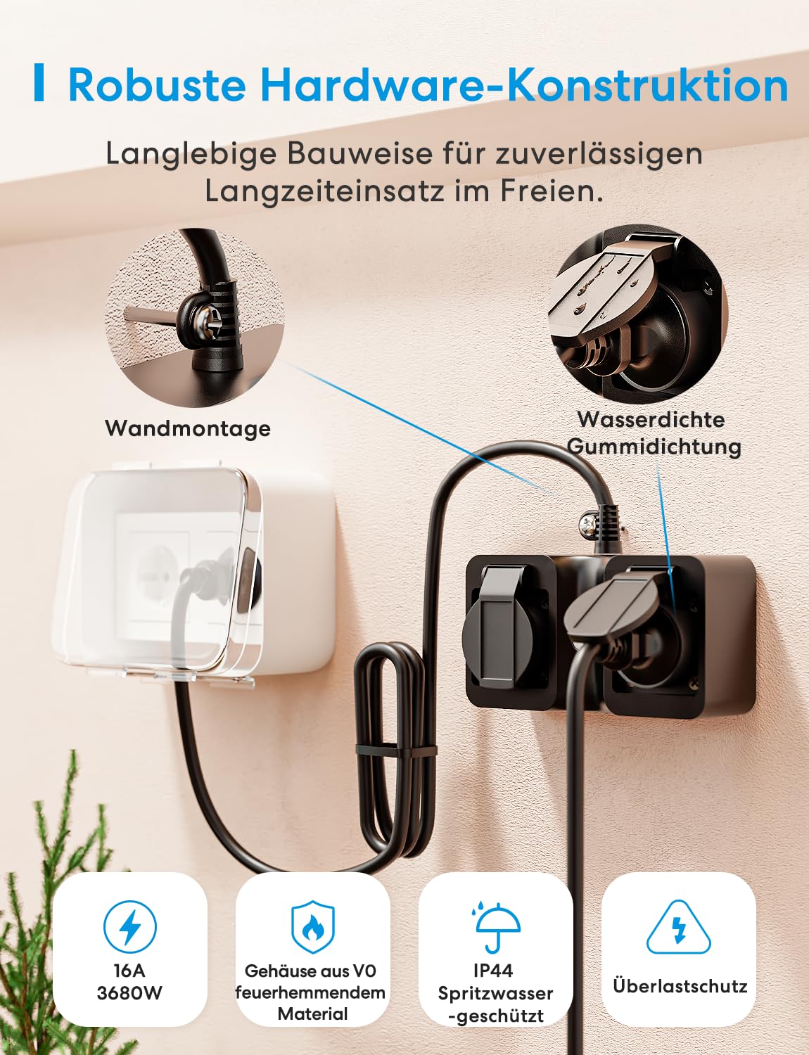 Meross Matter WLAN Steckdose Outdoor mit Strommessung, Smart Steckdose Stromzähler für Balkonkraftwerk Außensteckdose Wasserdicht IP44, funktioniert mit HomeKit, Alexa und Google, 16A 1,5m