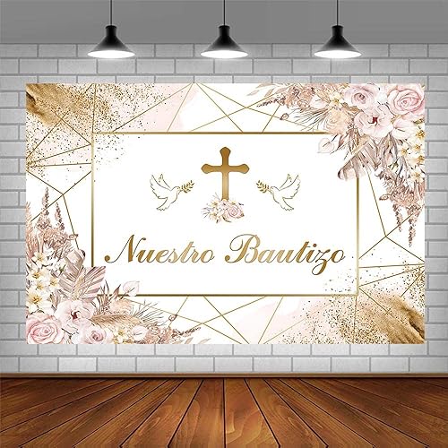 Miniatura 3 de Telón de fondo bohemio de 8 x 6 pies con Mi Bautizo Nuestro Bautizo Primera Comunión Bautizo Decoración de fiesta de bautizo rosa floral Pampa fondo