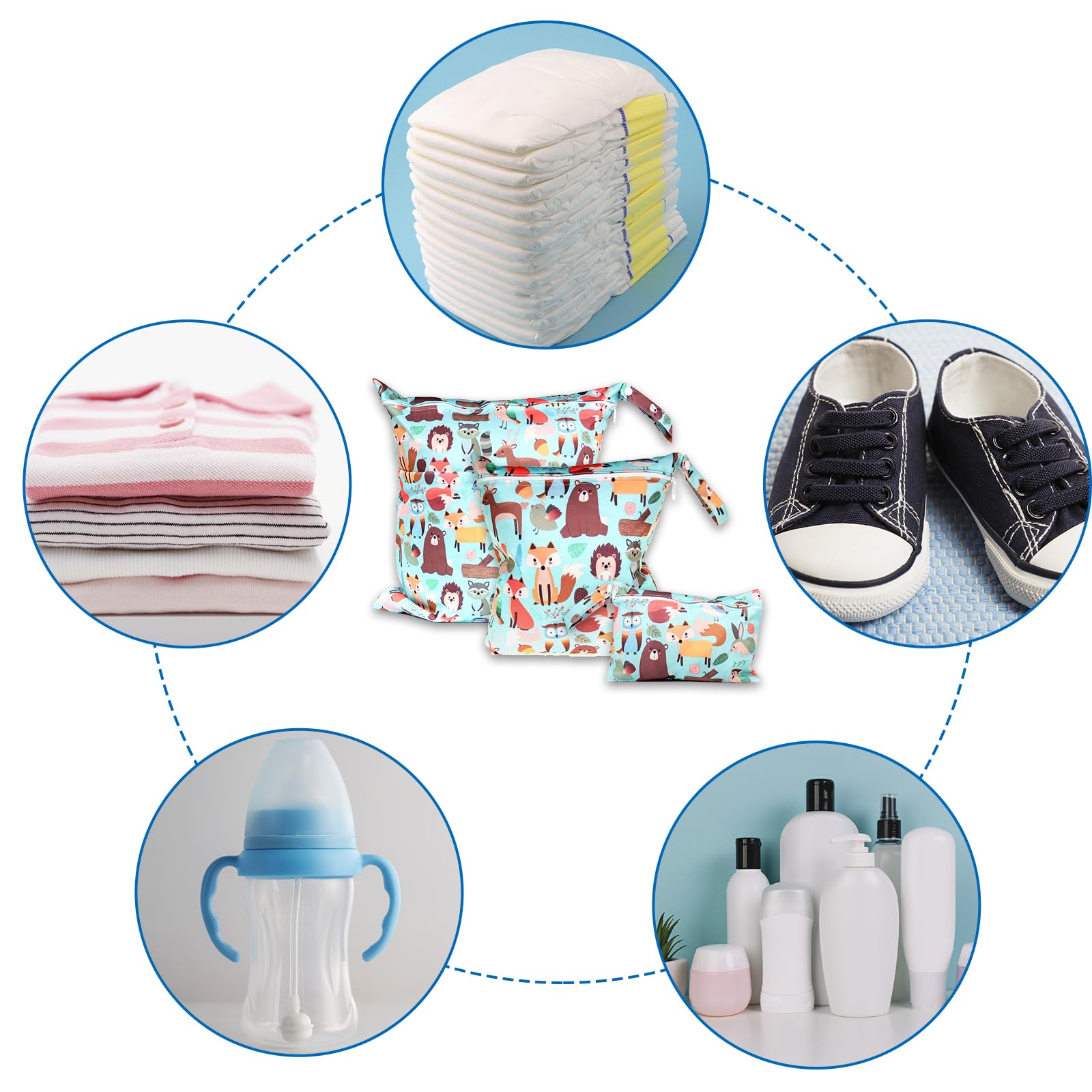 ABirdon Wetbag Pannolini, 3 pezzi Borsa per Pannolini Lavabili Riutilizzabile, Sacchetto con cerniera per Pannolino, Organizzatore Lavabile per Bambini, Borsa per Viaggi