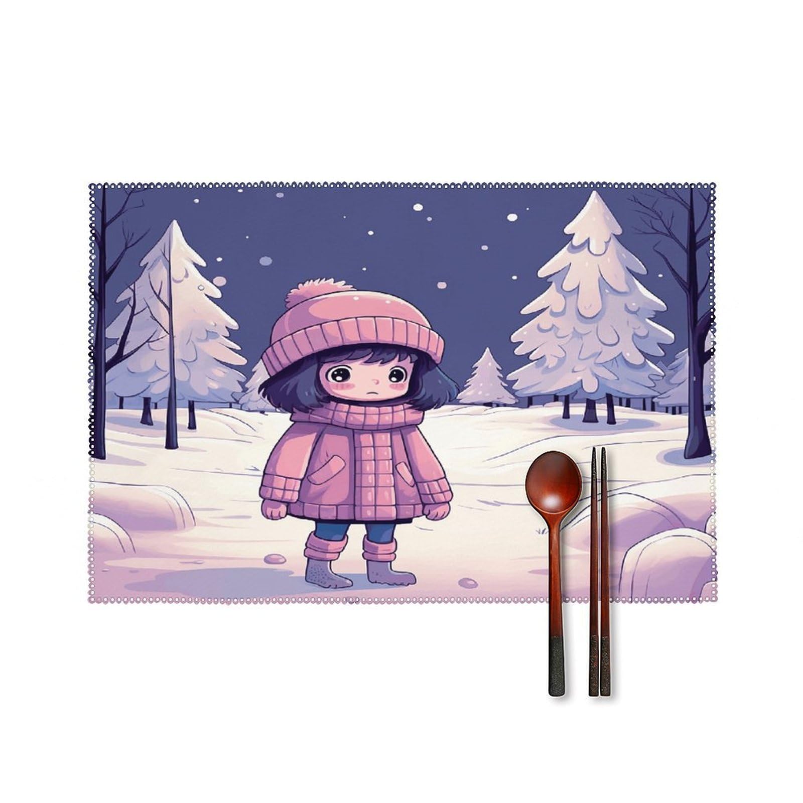 Winter Girl Cartoon Placemats Set of 4 Heat Resistant Non-Slip Place Mats for Dining Table Washable Placemat Wipeable Dining Table Mat Canvas Place Mats Dining Table Decor