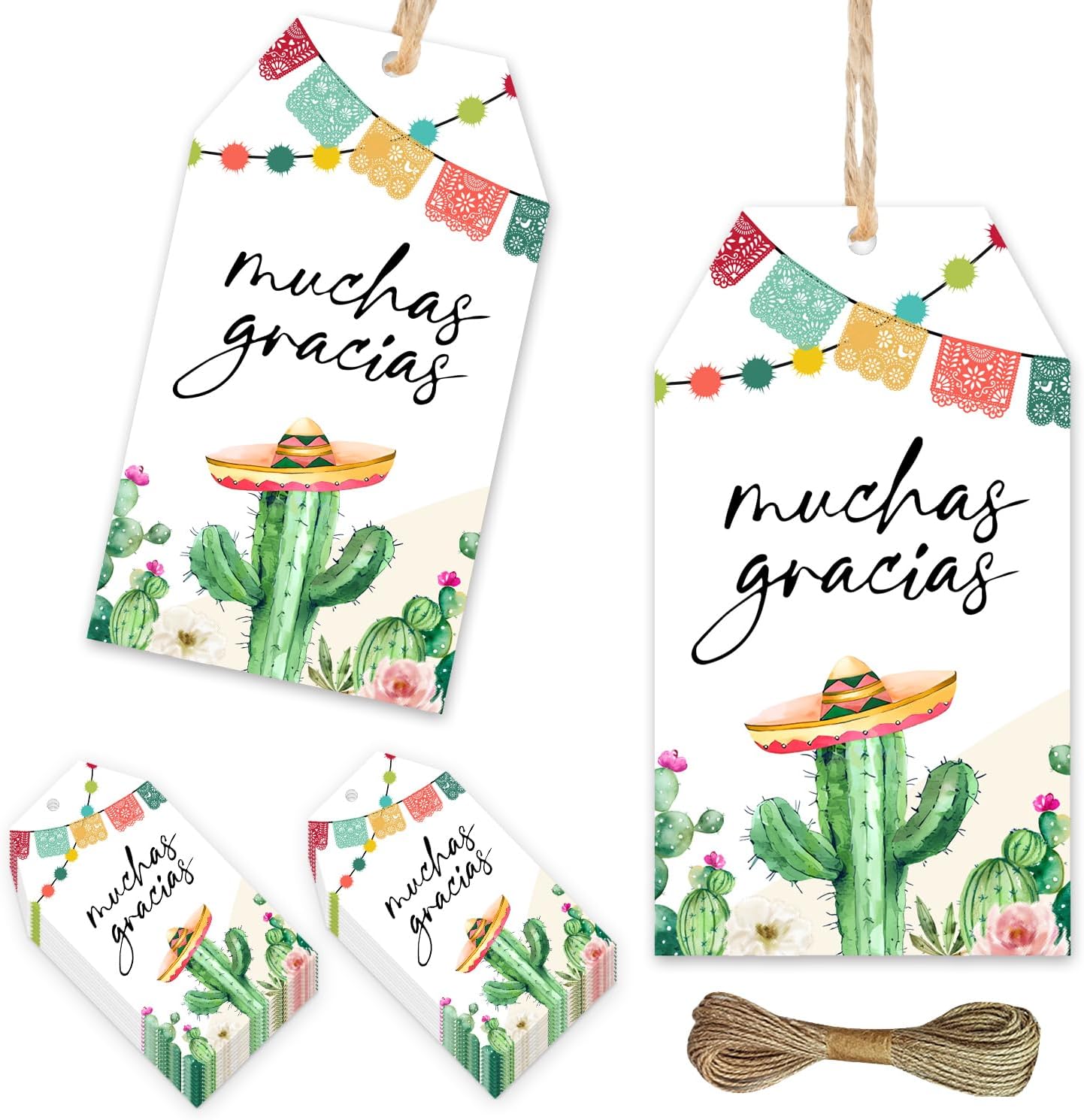 50Pcs Fiesta Thank You Tags, Cactus Fiesta Thank You Gift Tags, Mexican Muchas Gracias Succulent Hanging Labels with Hemp Rope for Bridal Shower Couples Shower Birthday Baby Shower Party Favors