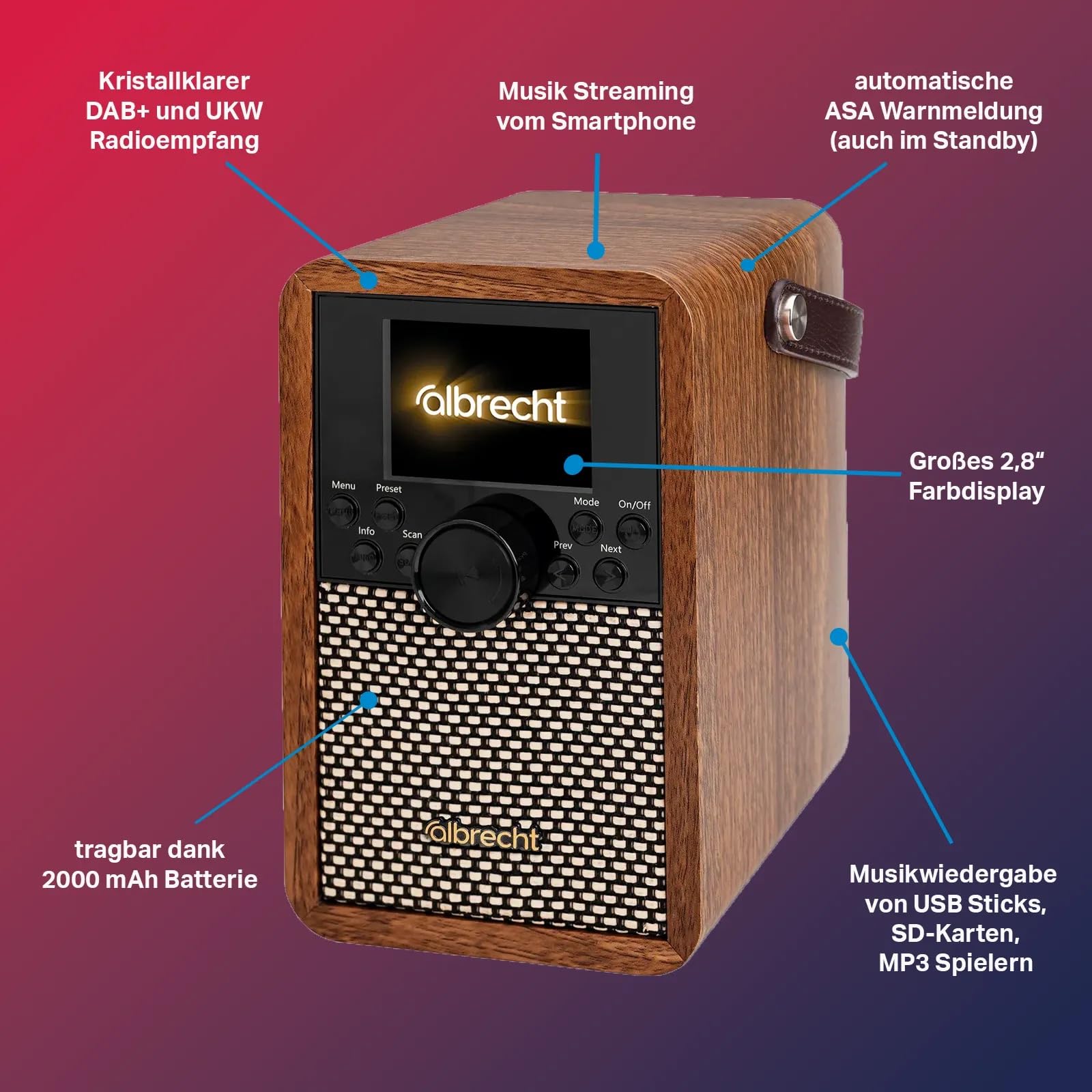 Albrecht DR 710 Radio numérique Portable Dab+ avec Son cristallin et Messages d'avertissement ASA | BT 5.3 | Batterie 2000 mAh | Diffusion de Musique Via Smartphone, Carte SD et USB