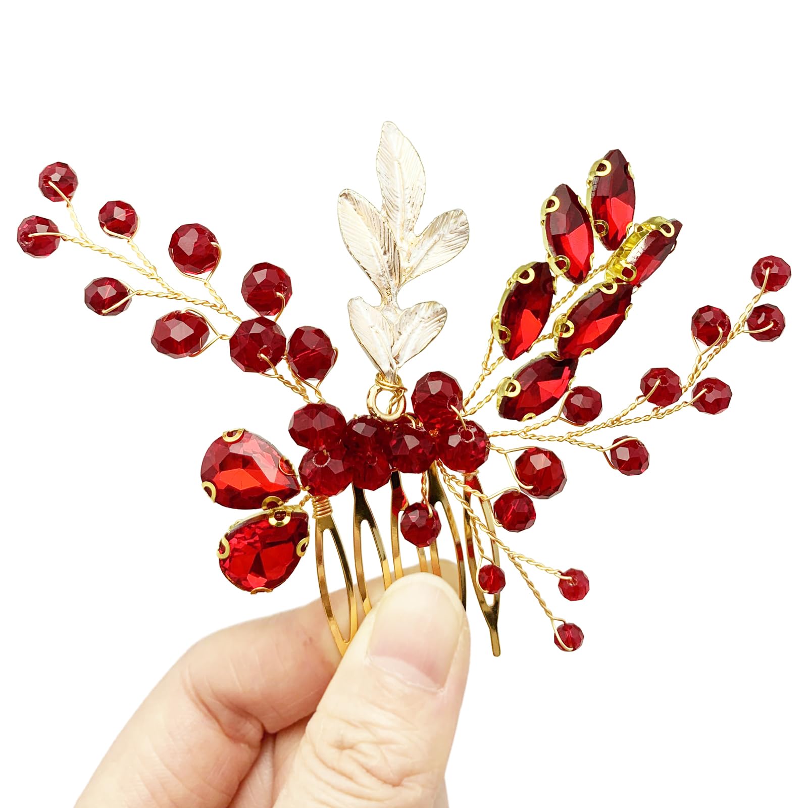 Crystal Bridal Hair Comb Wedding Gold Vine Leaf Rhinestone Hair Piece Accessories for Women Girls (Red)
