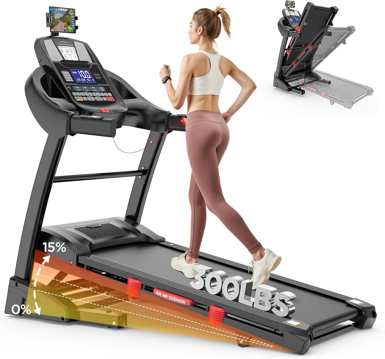 Treadmill with Auto Incline, Treadmills 300 lbs Capacity for Home, 4.5 HP Folding Treadmill 10mph with APP Control, 0-15% Incline, Shock Absorption, Free Fit Course, Home&Office