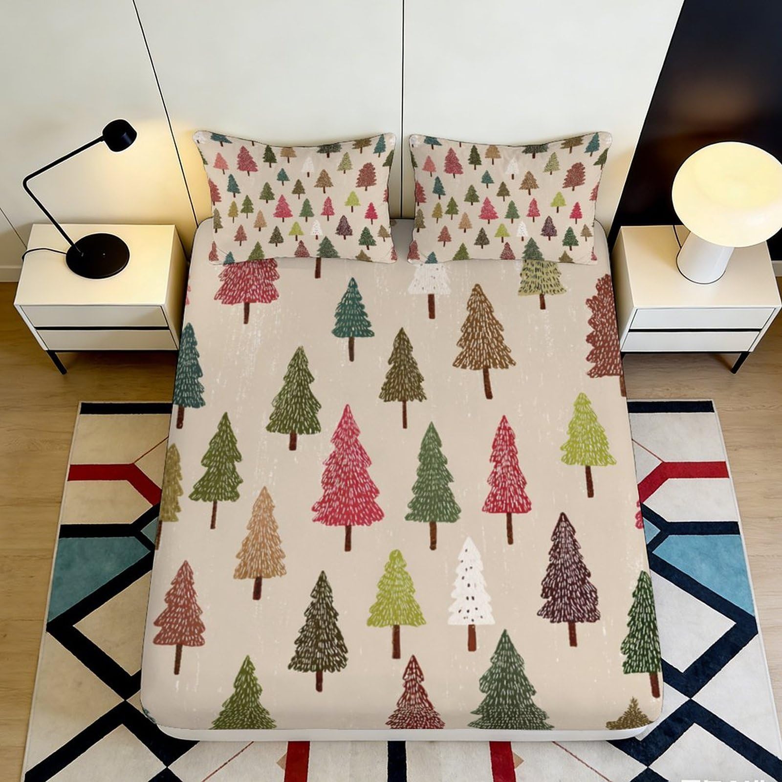3D Printed Pine Forest Fitted Sheet Microfiber Deep Pocket Bedroom Bedding Non-Slip Elastic Hem Pine Tree Mattress Fitted Cover for Adults Teens 90x200x25cm