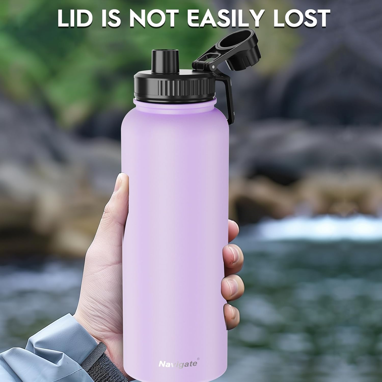 Navigate 40 oz Stainless Steel Insulated Water Bottle,Double Walled Leak Proof Keep Cold for 24 Hrs Hot for 12 Hrs,Wide Mouth Water Jug with Spout & Handle Lids,Purple - Image 4