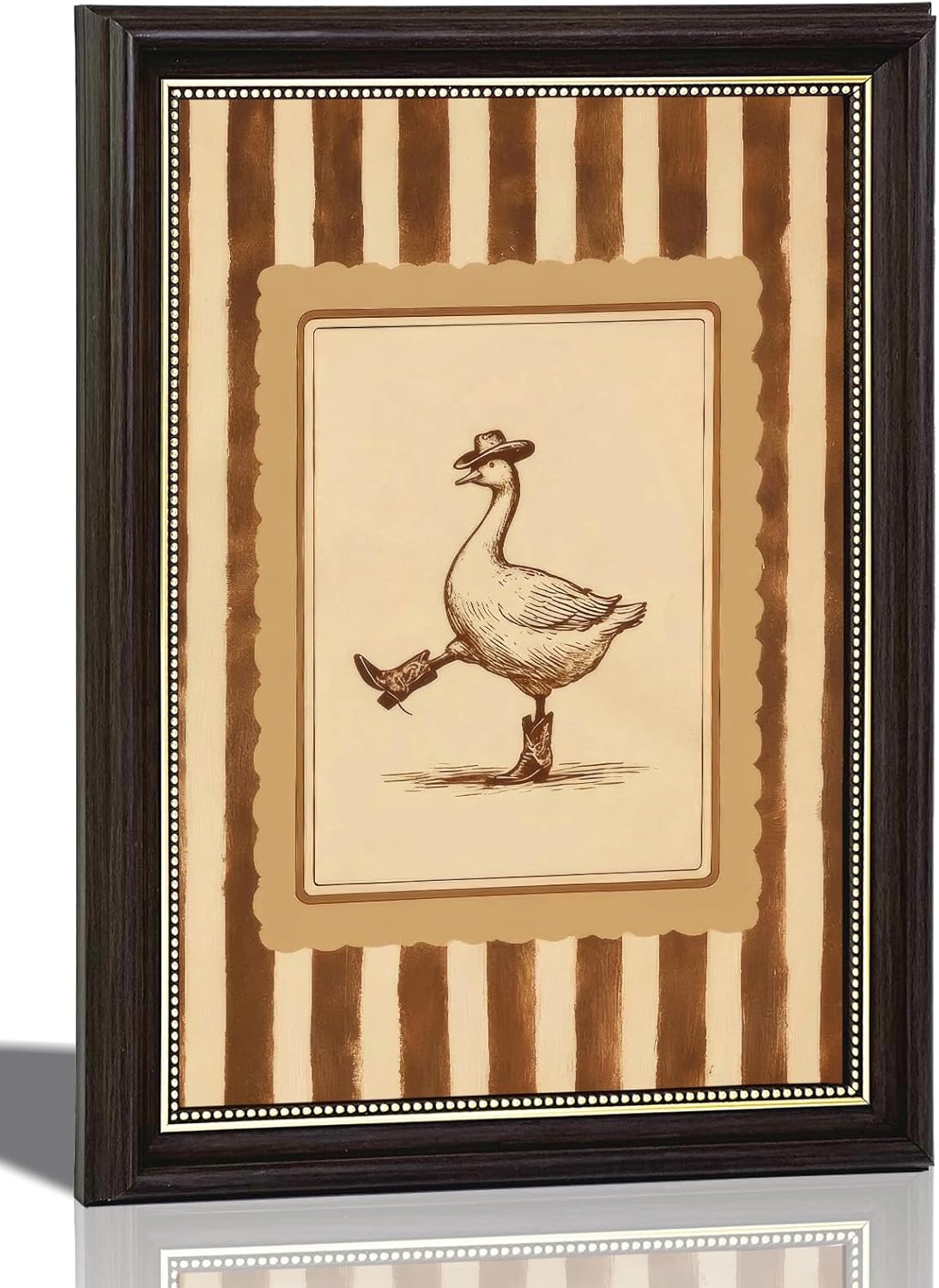 Framed Funny Western Cowboy Goose Canvas Wall Art Whimsical Cute Animal Country Painting Picture Wall Decor Vintage Brown Striped Poster Print Artwork for Living Room Bedroom Country Home Decoration