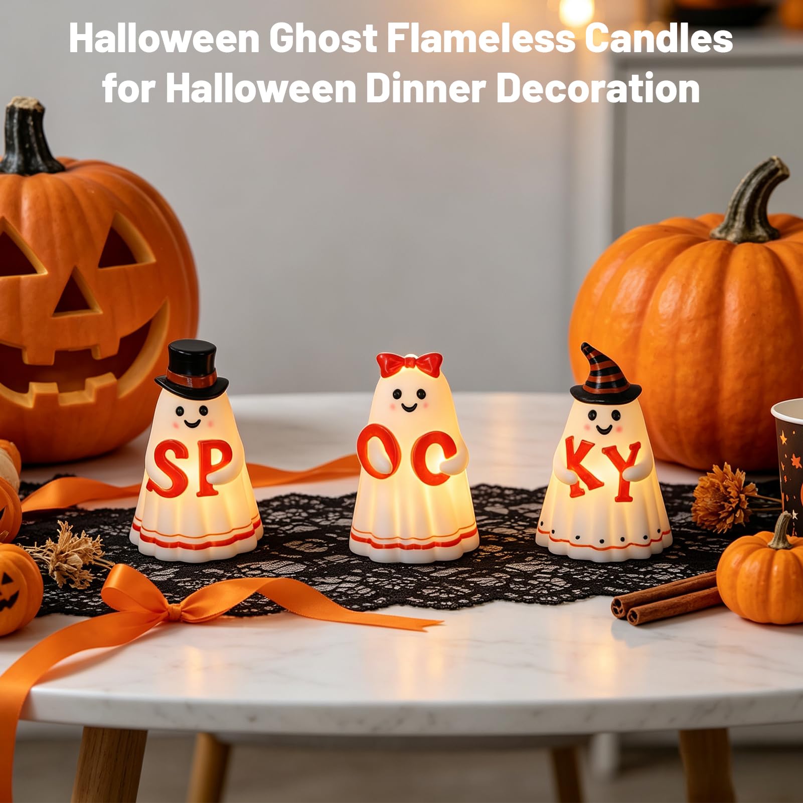 Wondise Candele senza fiamma spettrali di Halloween del fantasma con il | Candele fantasma a batteria in plastica, confezione da 3 candele per Halloween, decorazione da tavola regalo (D 8,6 cm x H