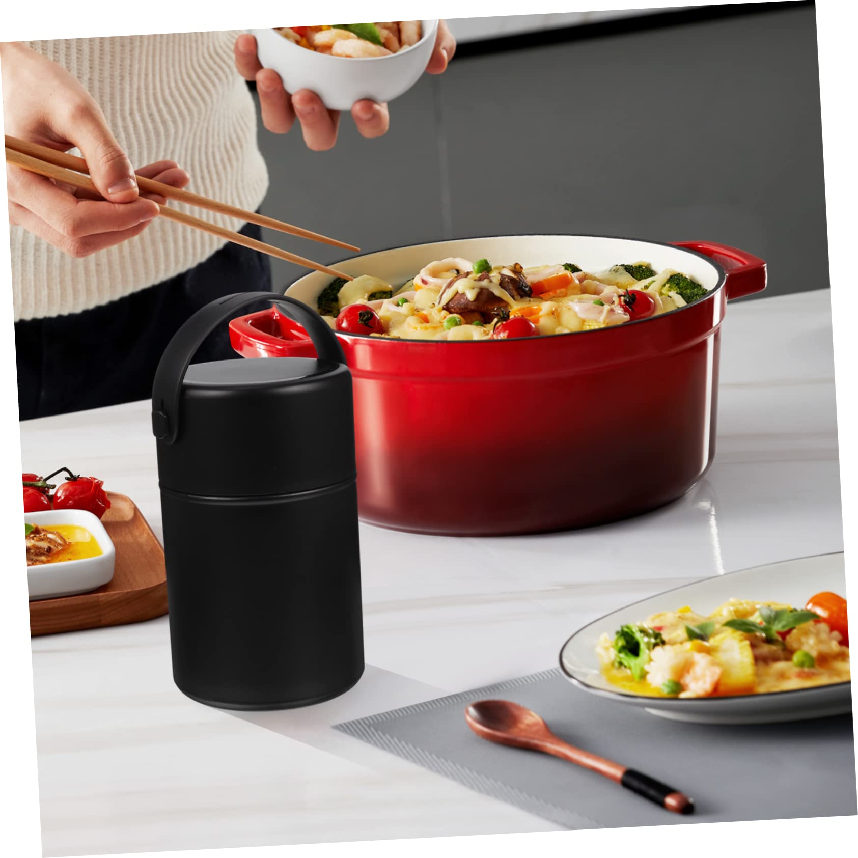 850ml Thermobehälter für Speisen aus Edelstahl Doppelwandig Isoliert Auslaufsicher mit Löffel Schwarz für Outdoor Aktivitäten