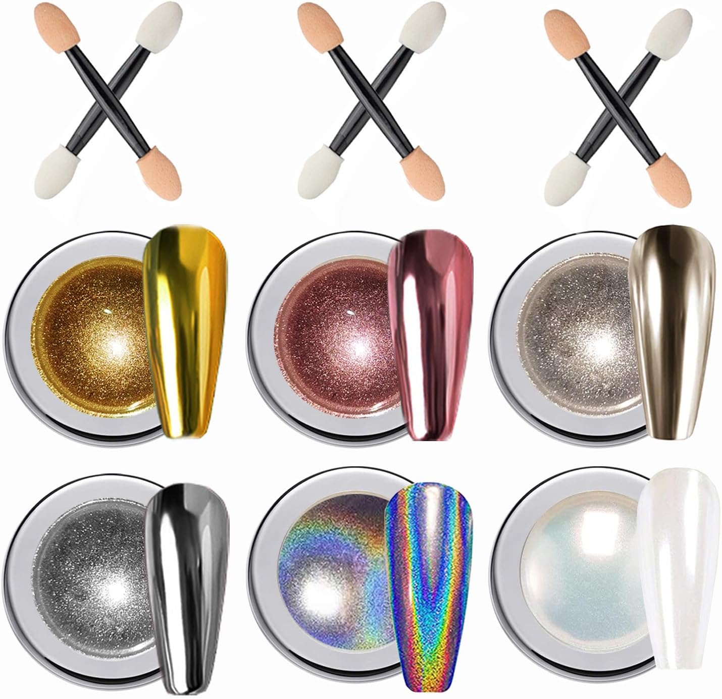 6 Chrome Nail Powder, Mirror Effect, Laser Chrome Pearl White, Glazed Donut Dust