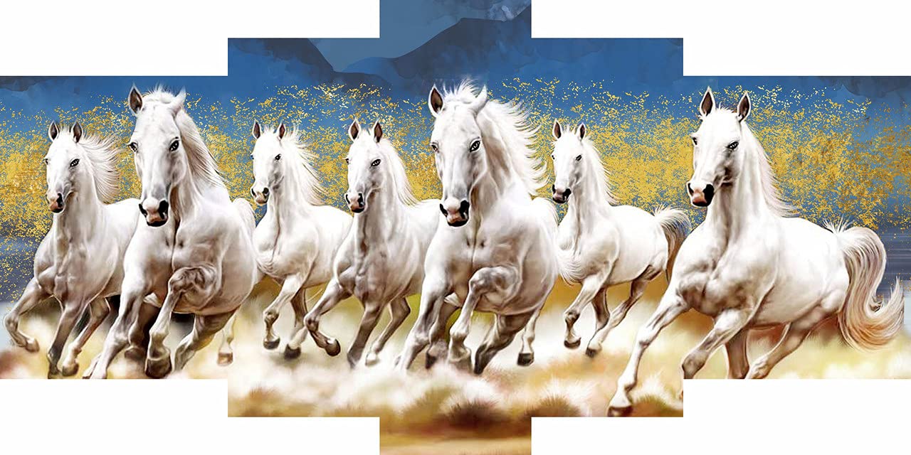 SAF paintings Set of 5 7 Running Horses Vastu UV Textured Self Adhesive Large Panel Animals Painting 36 Inch X 18 Inch SANFPNL101- White