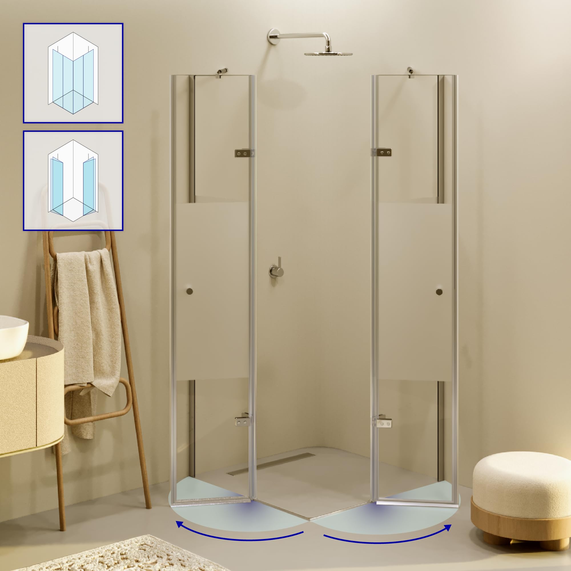 Mampara de Ducha Alice 75x95x180cm |NO REVERSIBLE| Puertas Abatibles, Ajuste 74,3-76,3x94,3-96,3cm|Perfiles cromados, Cristal Parcialmente Satinado 6mm