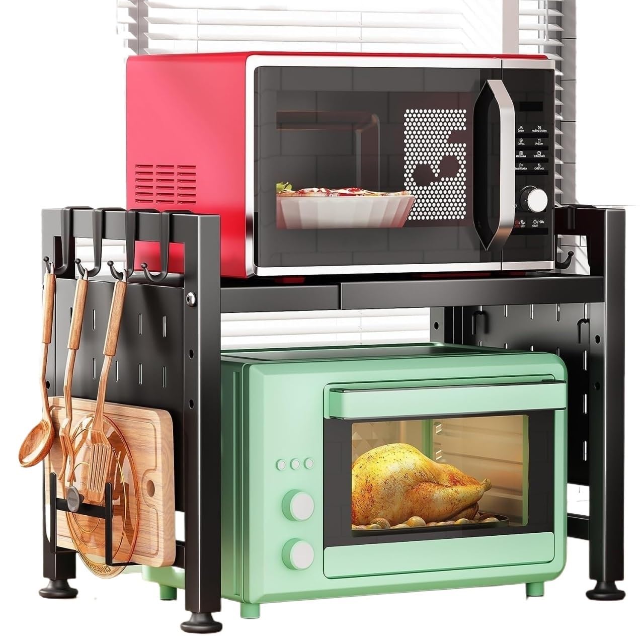 GLETSF Microwave Stand Shelf with Cutting Boards, Heavy-Duty Kitchen for Countertops, 4 Hooks, Supports Up to 182 lbs, Ideal for Space-Saving Storage,