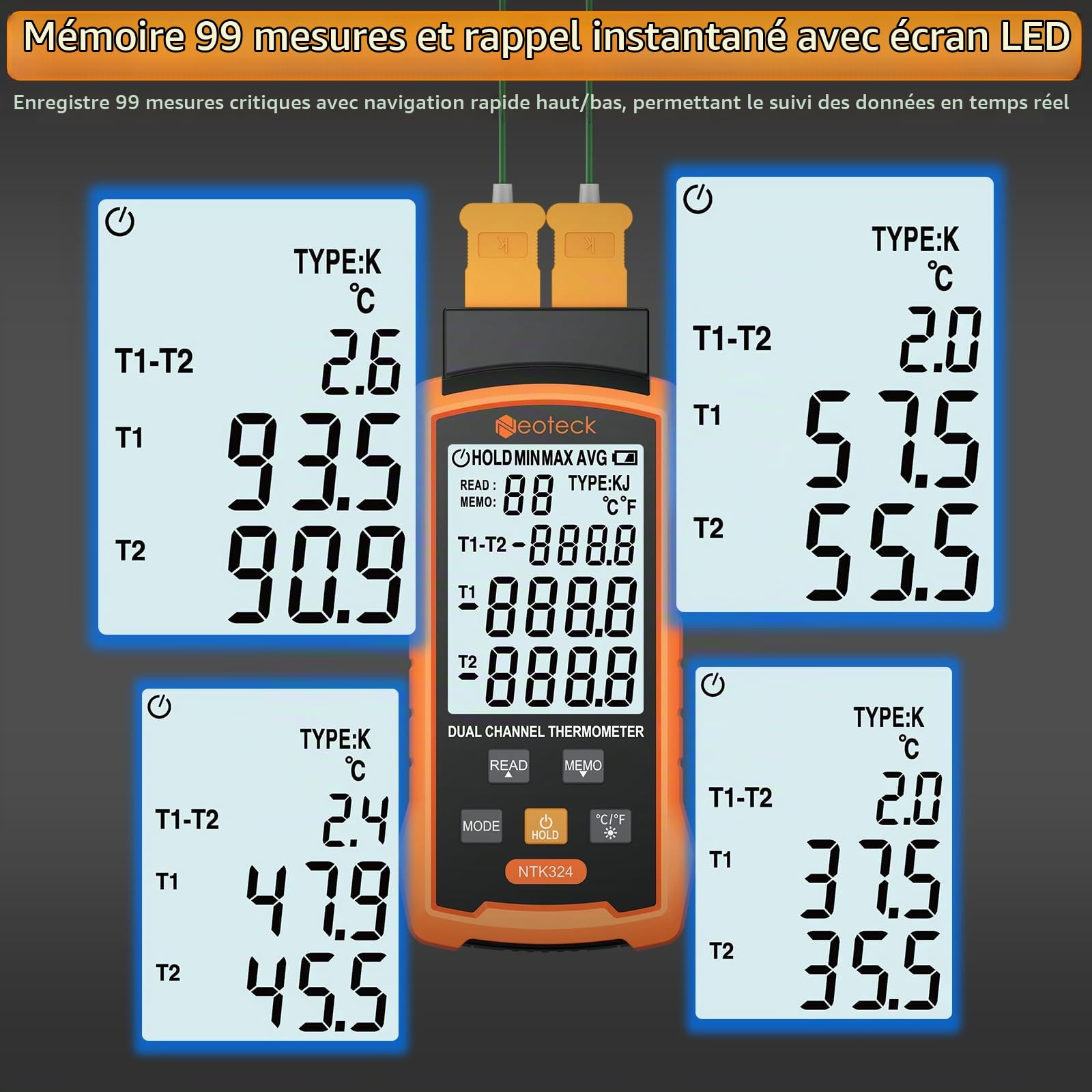 Neoteck Thermomètre Thermocouple Numérique Type K J 2 Canaux -50~1300℃ Haute Précision avec 4 Sondes et Stockage 99 Données, Écran LCD Rétroéclairé pour HVAC Industriel Laboratoire Four Réfrigérateur