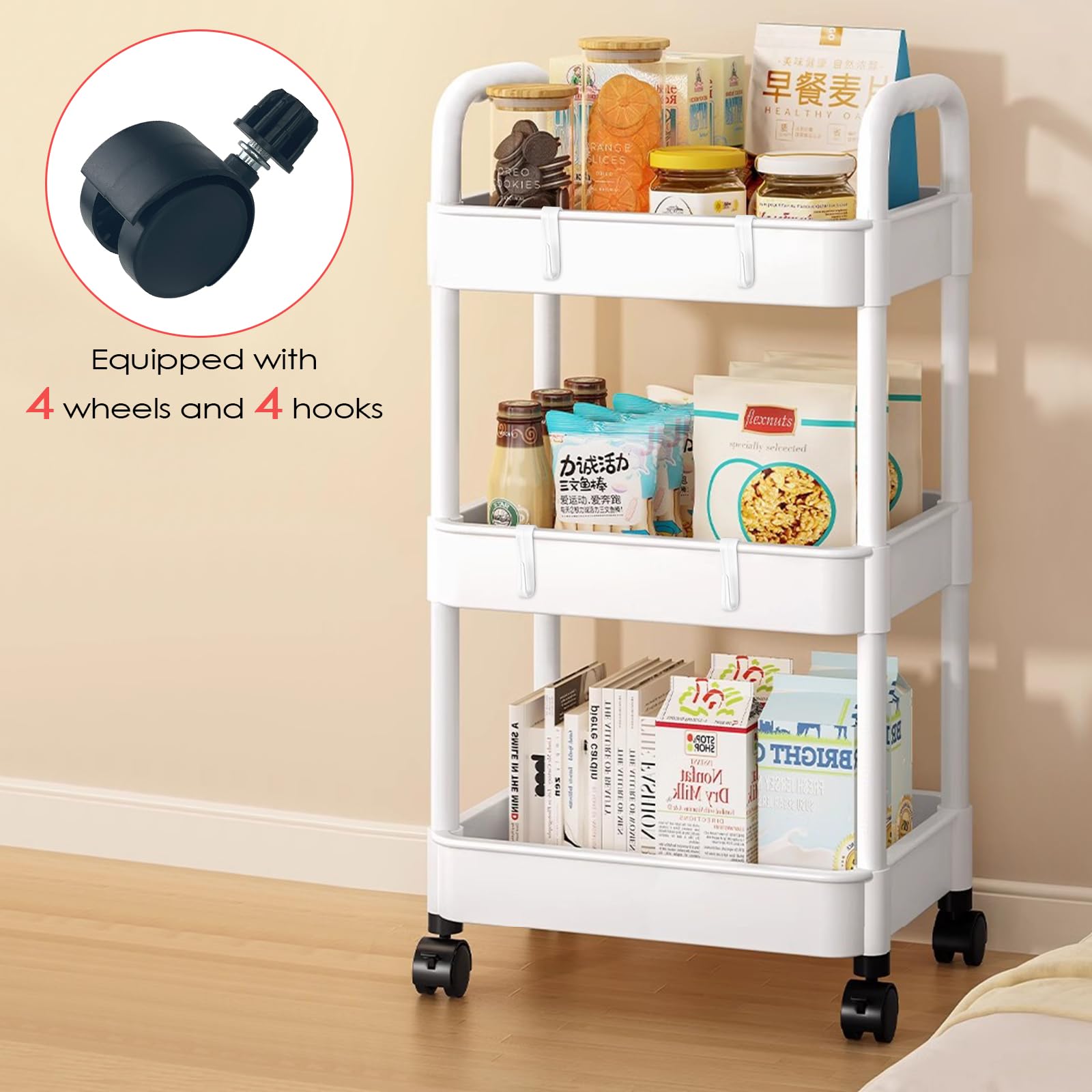 3 Livelli Carrello Cucina, Scaffale Plastica 38 × 25 × 76 cm, Bianco Carrello Ruote Portatutto Cucina Portaoggetti Multifunzionale per Bagno Ufficio Soggiorno Spazi Ristretti