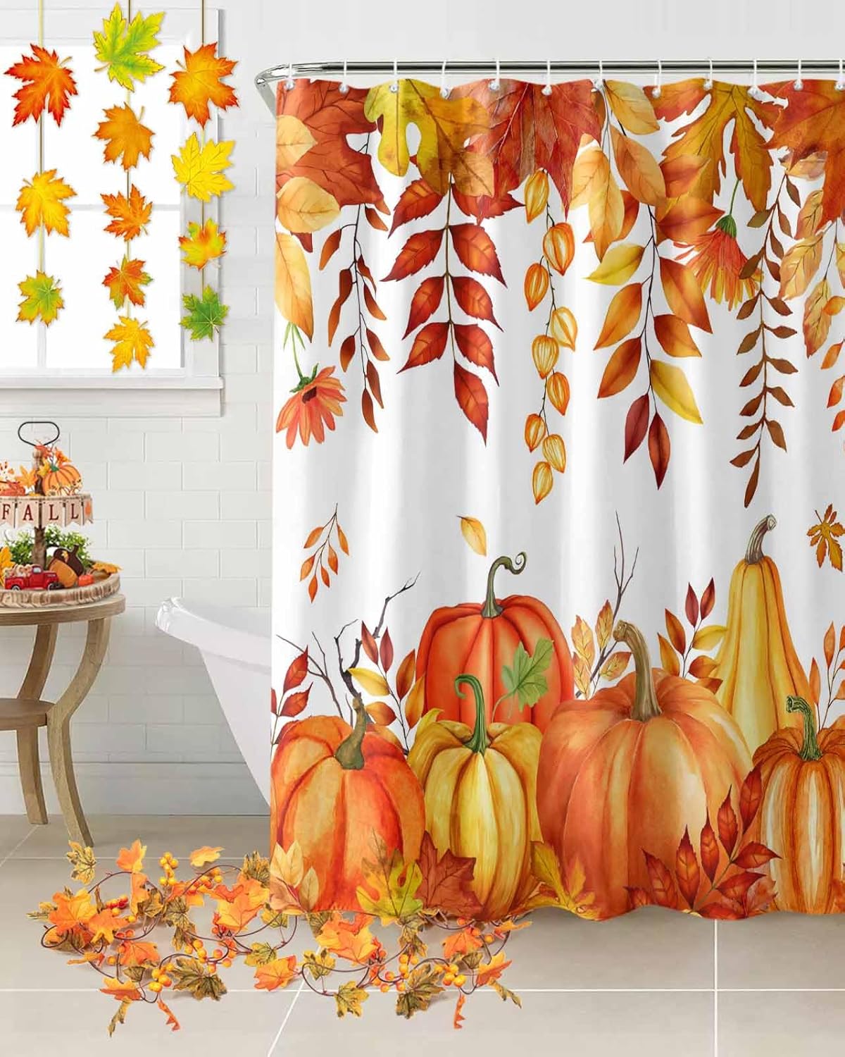 Burnt Orange Pumpkin Shower Curtain, Fall Maple Leaves Waterproof Shower Curtain Set Bathroom Shower Curtain with Hooks, Thanksgiving Orange Red Fallen Leaf Washable Bath Curtain for Bathtub, 72x72in