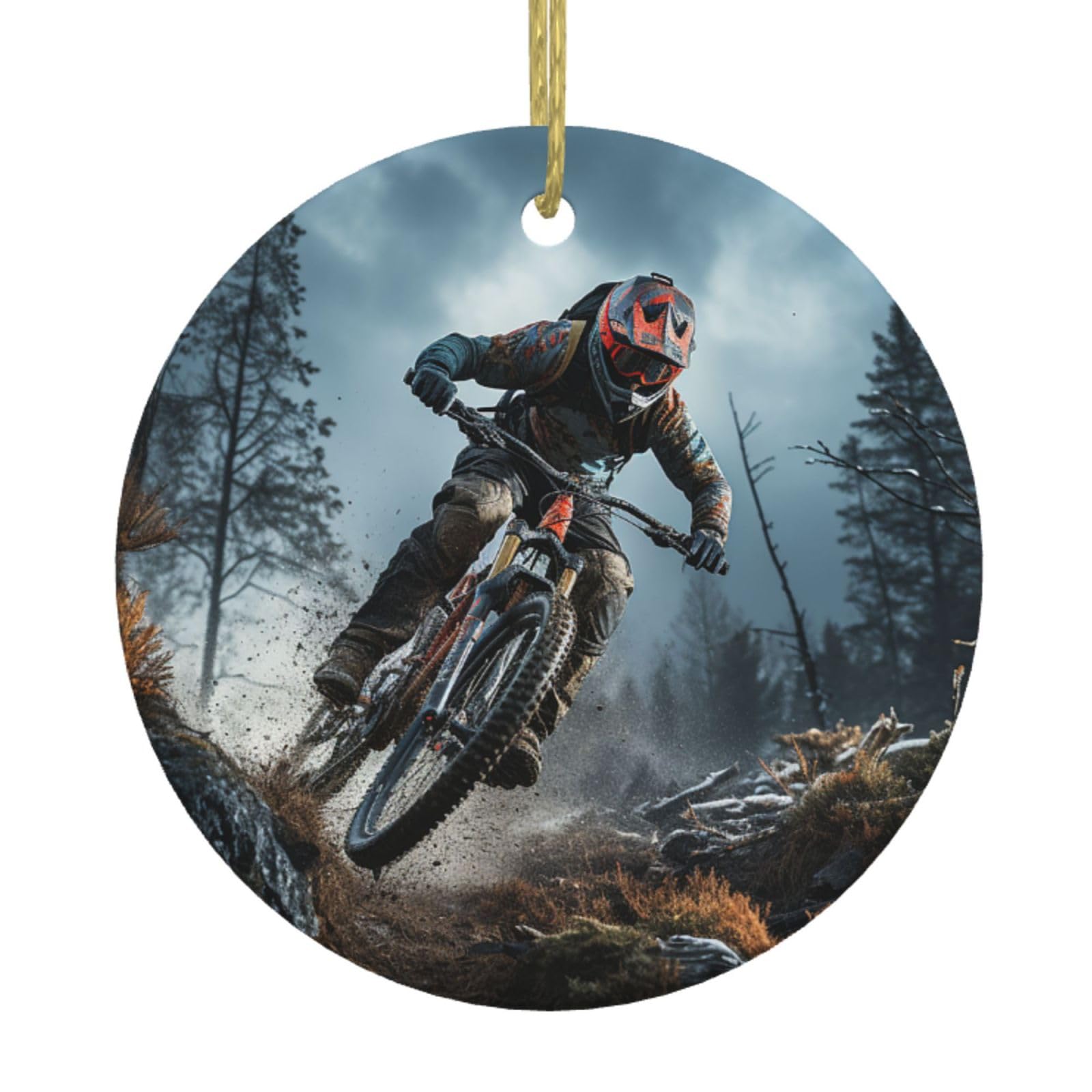 Mountain Bike Tournament Christmas Ornament Round Ceramic Hanging Ornaments for Christmas Tree Holidays Ornaments with Gold Rope Hanging Porcelain Pendants for Party Xmas Decoration