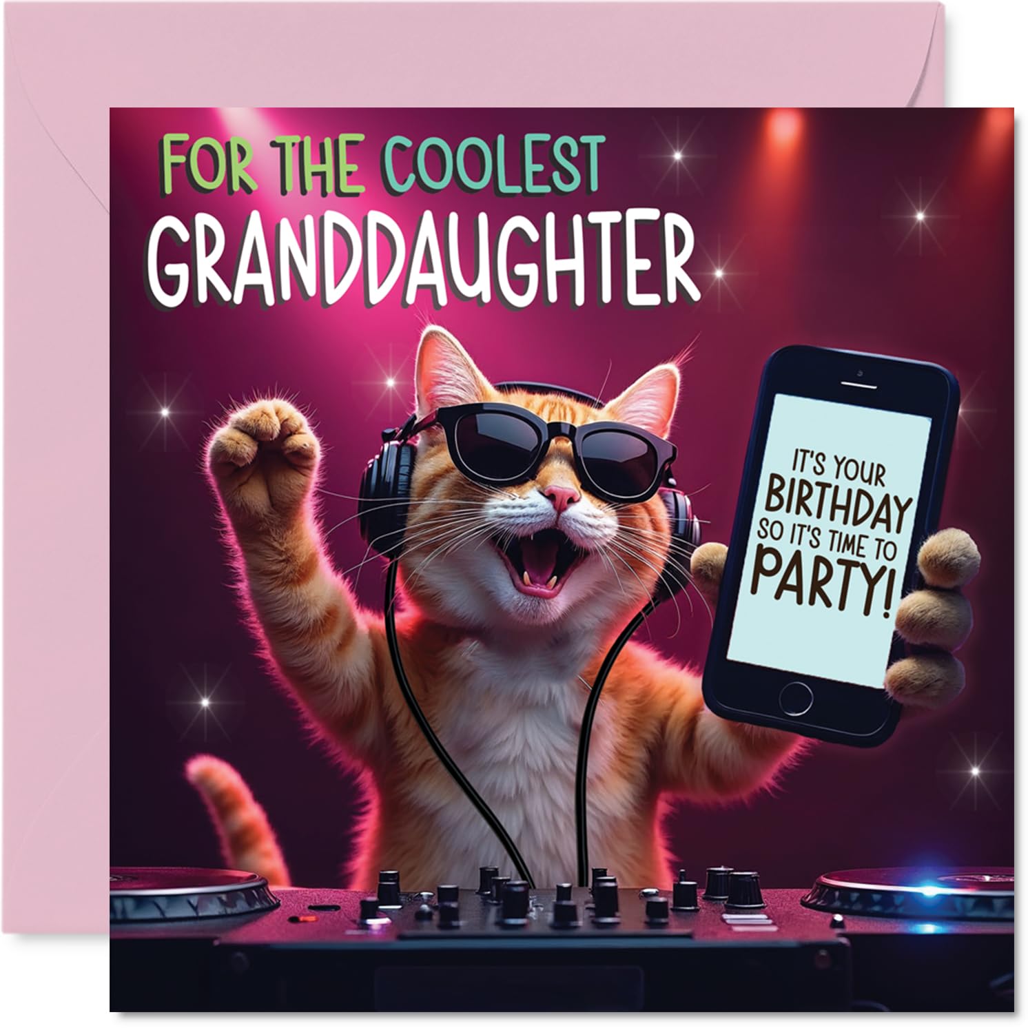 Granddaughter Birthday Card - Party DJ Cat - Happy Birthday Card for Granddaughter from Grandad Grandma, 145mm deejay cat Bday Greeting Cards