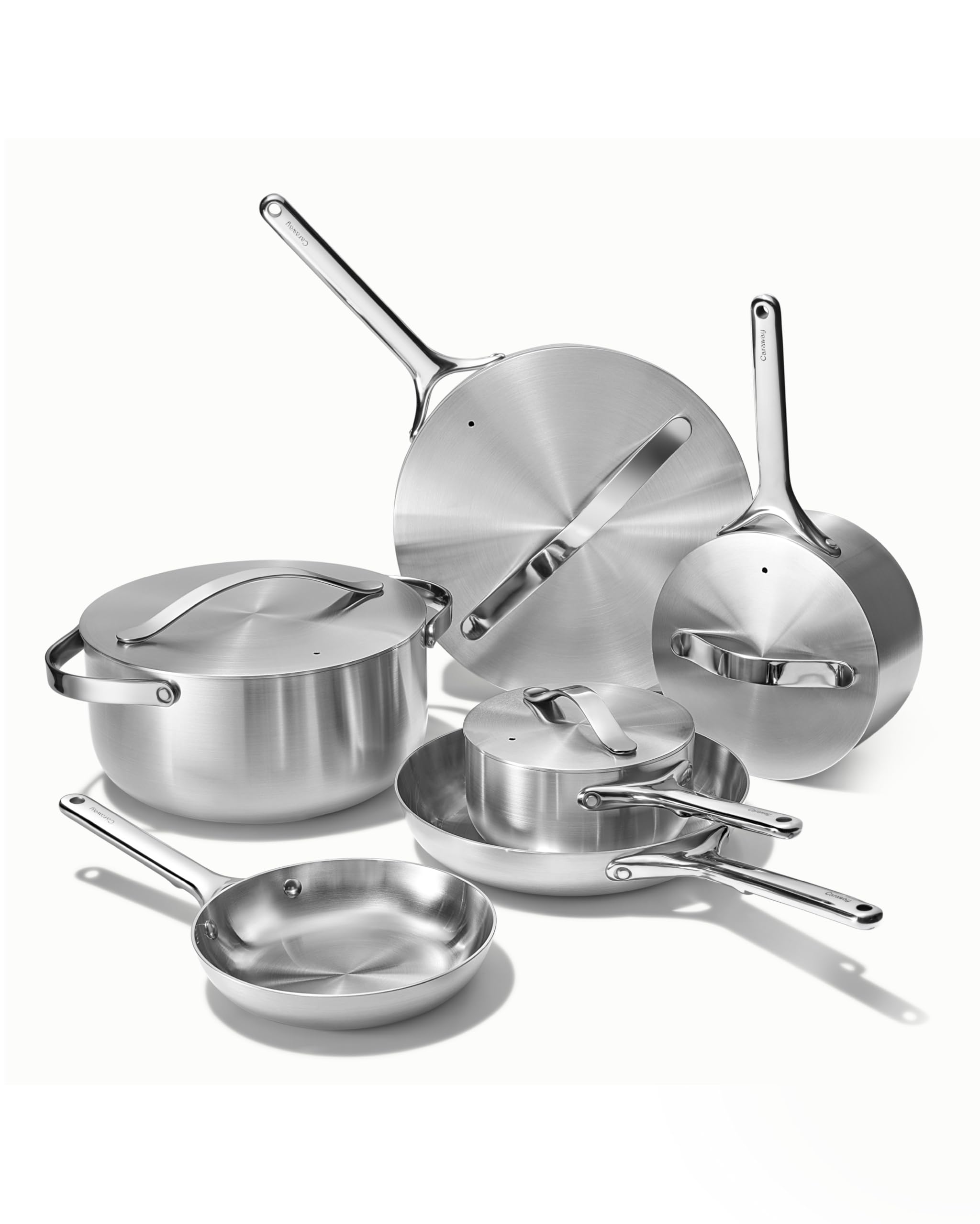 Caraway Stainless Steel Deluxe Cookware Set (16 Piece) - 5-Ply Stainless Steel Pots, Frying Pans, Lids and Kitchen Storage - Non Toxic, PTFE PFOA Free