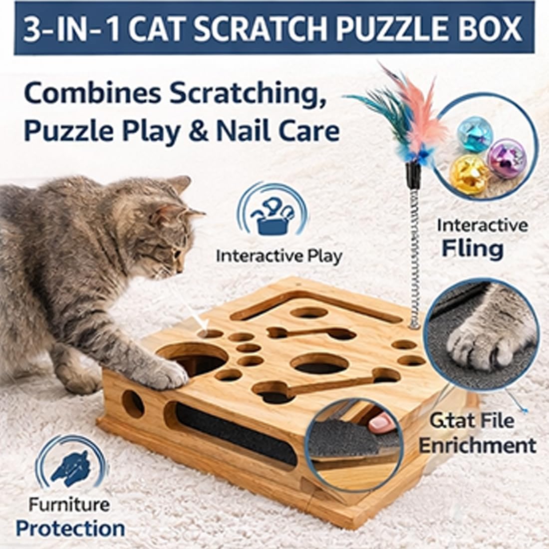 Cat Claw Saver - 2026 New Claw-Saver Box for Cat, Cat Scratch Puzzle Enrichment Box | Equipped with 6 Bells & Feather Wand | Installation Tools Included, Cats Scratch Toy for Indoor (Style A)