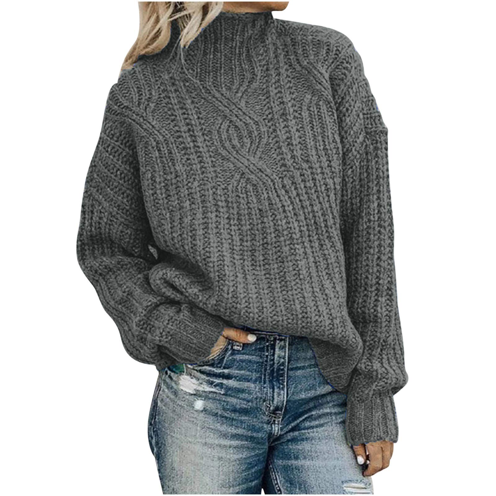 Womens Fall Winter Knit Crochet Turtleneck Chunky Sweaters Solid Color Dressy Casual Loose Fit Pullover Jumper Sweater