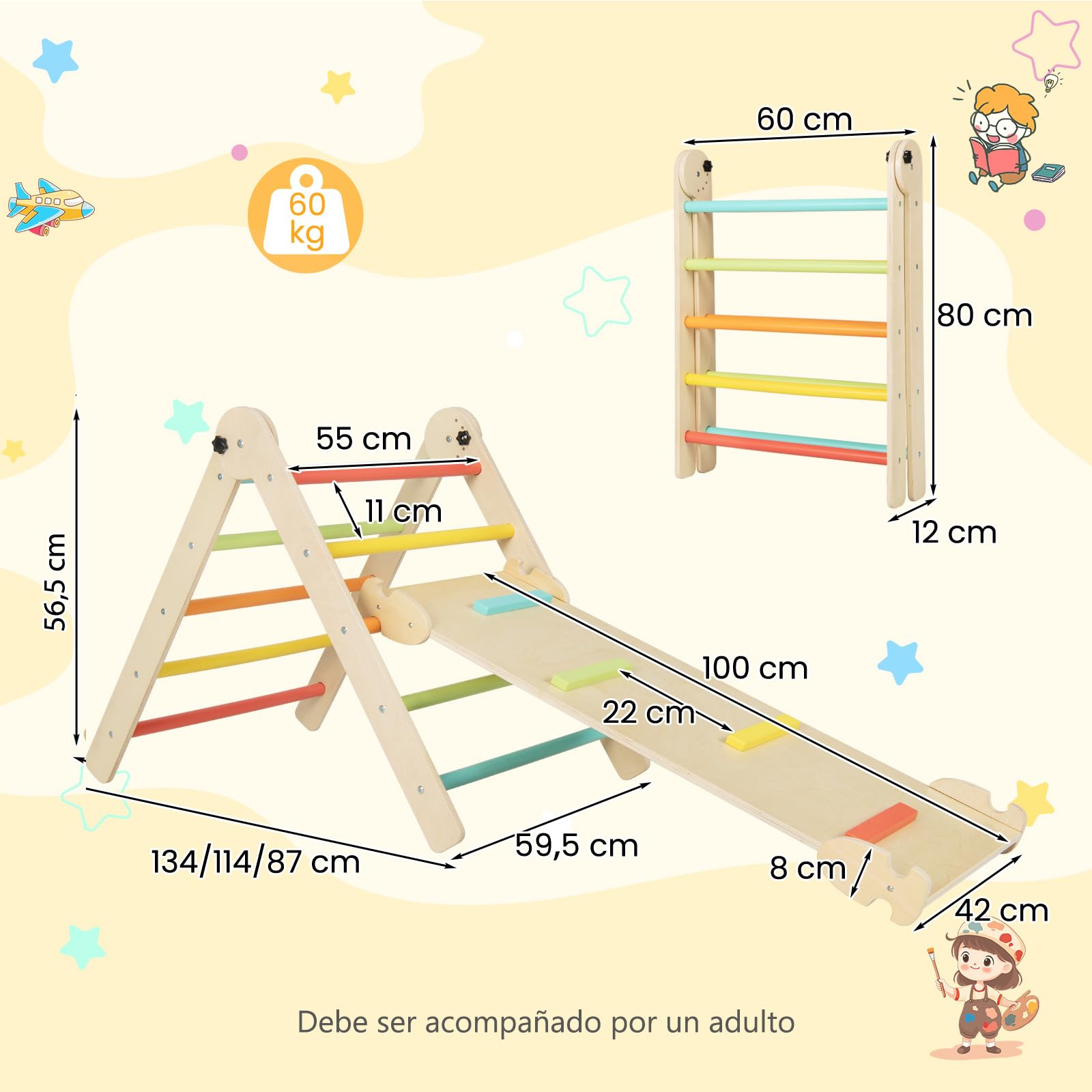 COSTWAY Triángulos de Escalada Plegables y Ajustables 3 en 1, Juguetes Triangulares de Escalada para Niños con Rampa Deslizante, Escalador Triangular de Madera Montessori (Multicolor)