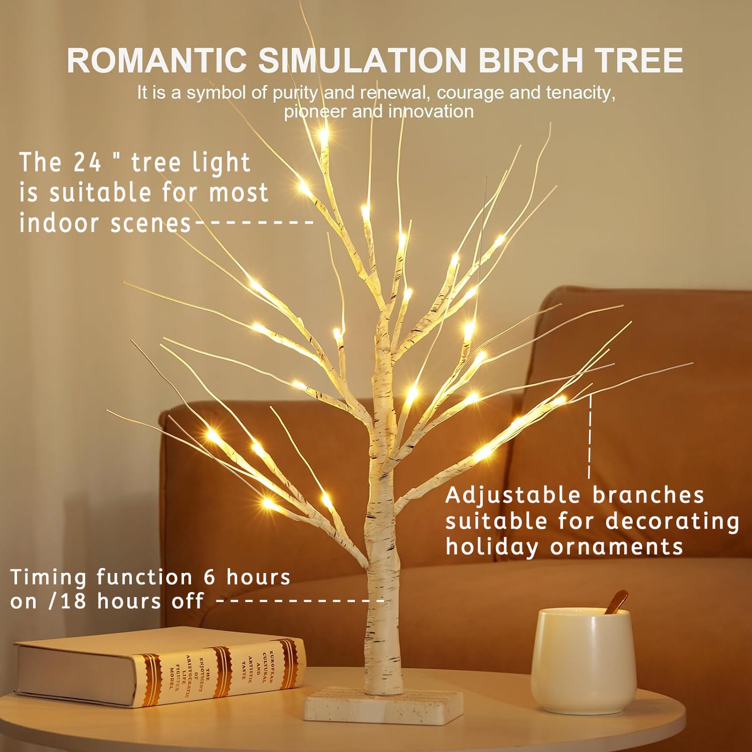 Albero di Betulla con Luci LED, 60cm/2ft LED Luci Albero Decorativo per Interni con 24 Luci a Led Bianco Caldo, Batteria/USB Artificiale LED Albero di Betulla per Natale Festa Pasqua Nozze Decor