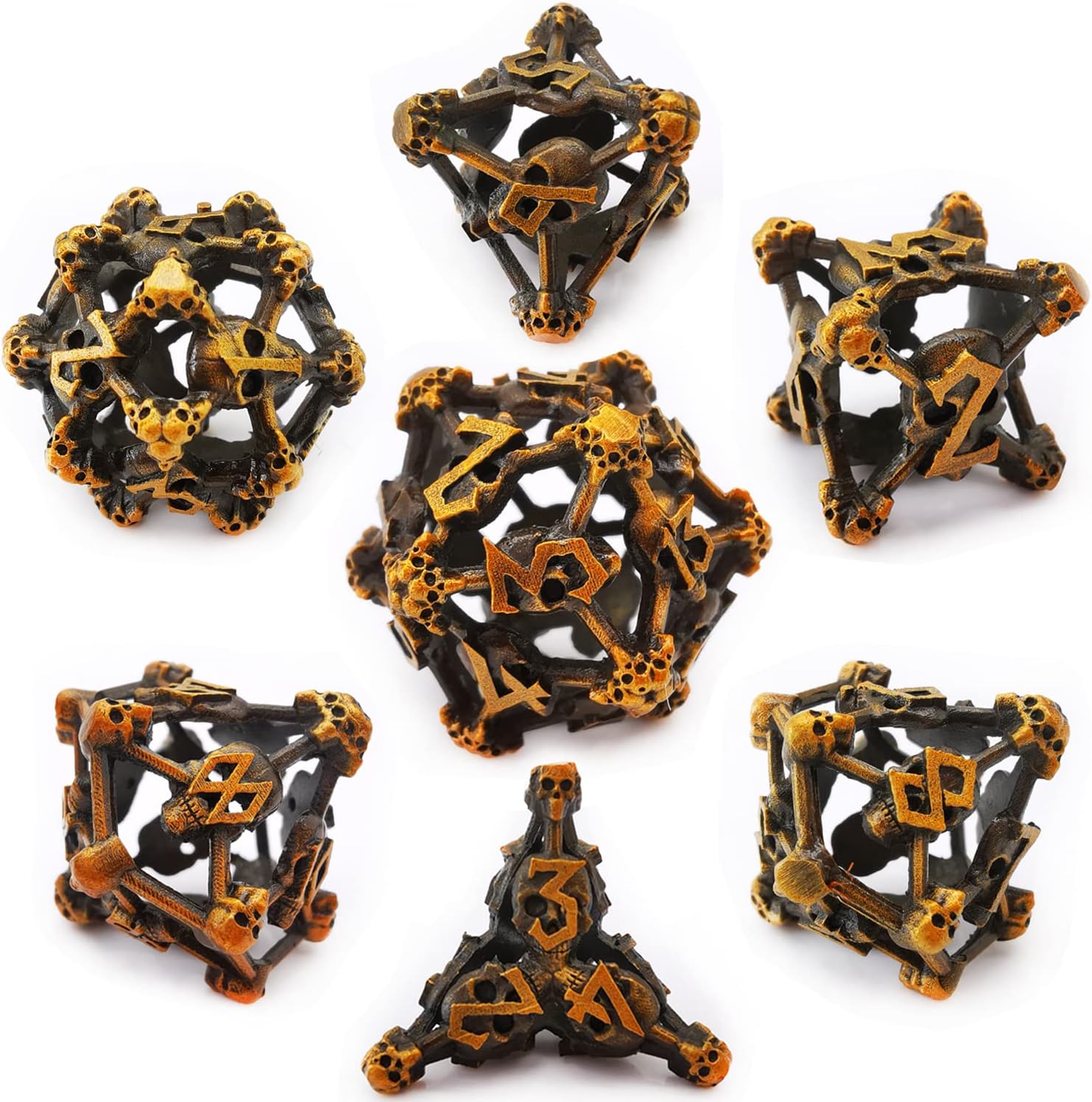 HAOMEJA DND Metal Dice Skull Set 7 Role Playing Dice D&D Solid Dice Apply to Dungeons and Dragons Ancient Brass