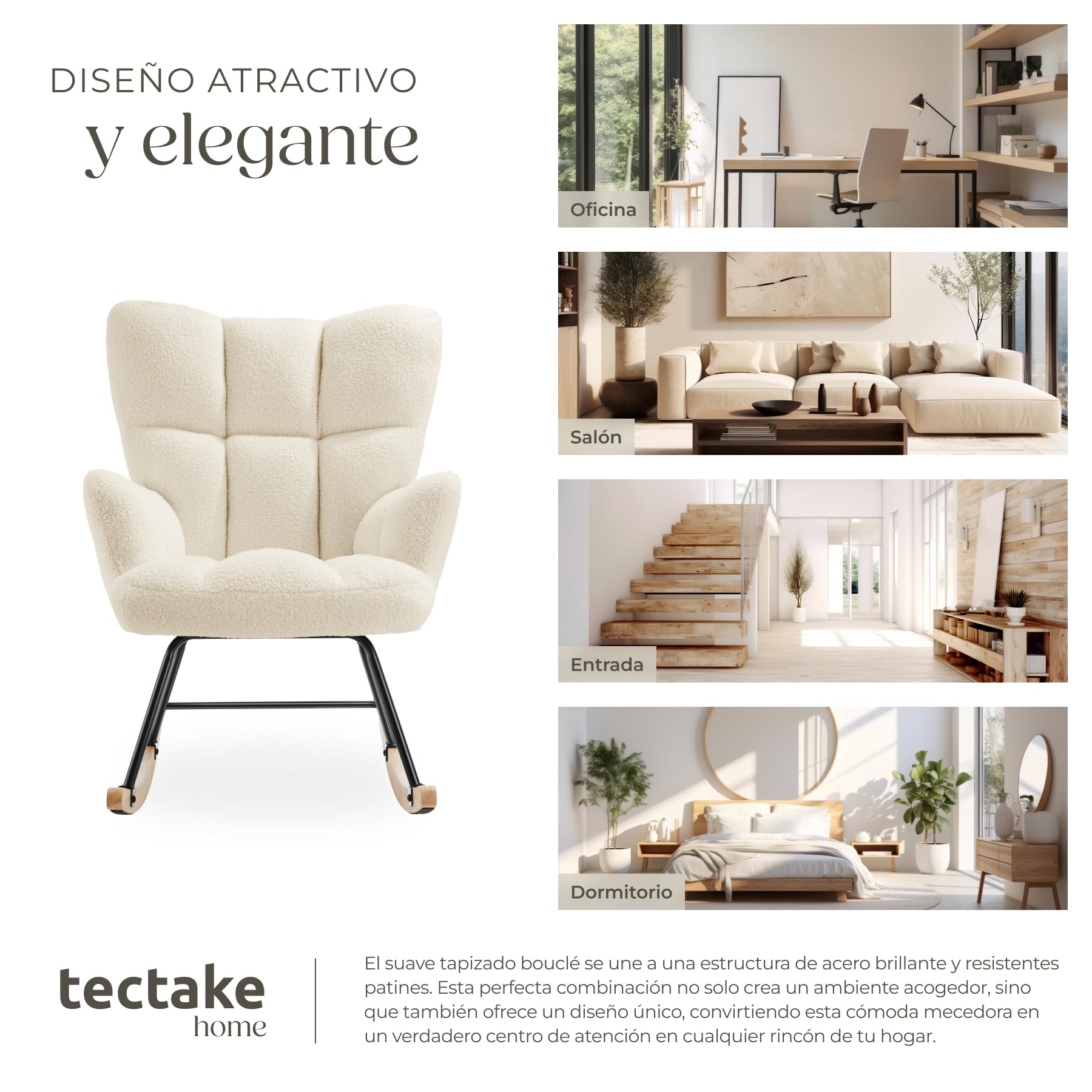 tectake® Mecedora Tapizada, Silla Mecedora, Butaca de Salón con Estructura en Acero y Patines de Madera, Silla Lectura, Sillón Lactancia, Sillón Nórdico Dormitorio, Butaca Relax - Beige