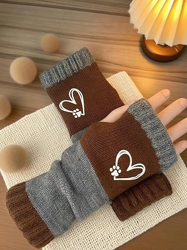 Miniatura 3 de Guantes térmicos de invierno para mujer con estampado de pata de corazón, puños elásticos bordados para actividades al aire libre, guantes de