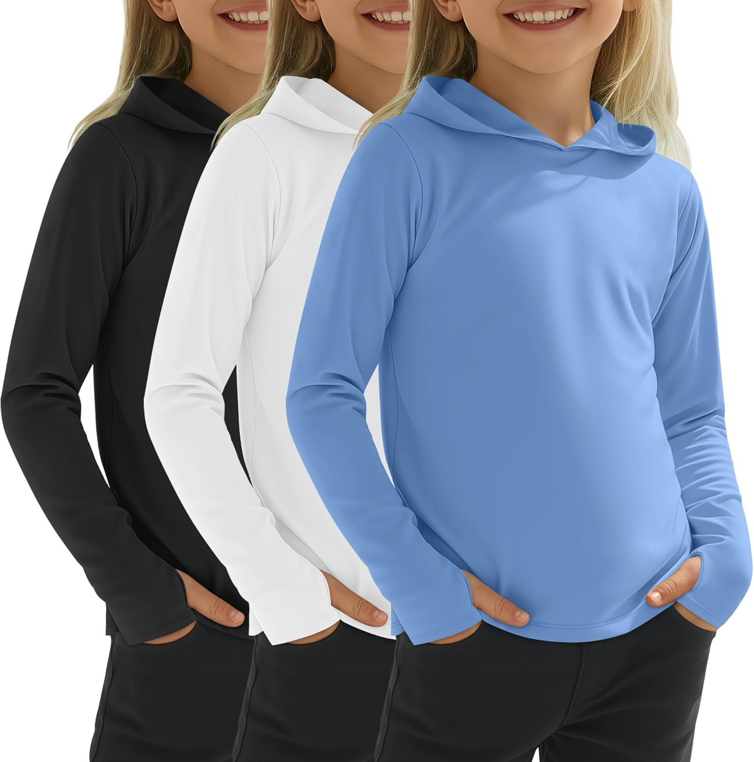 3 Pack Girls Sun Hoodie UPF50+ Long Sleeve Sun Protection Shirts with Thumb Holes Athletic Quick Dry Rash Guard