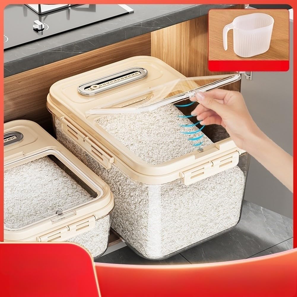 Dispensador de arroz PET beige con taza integrada, tarro de almacenamiento de cereales a prueba de humedad con diseño resistente a plagas, 36 x 25,5 x 20,6 cm (8500-2 tamaño pequeño 10)