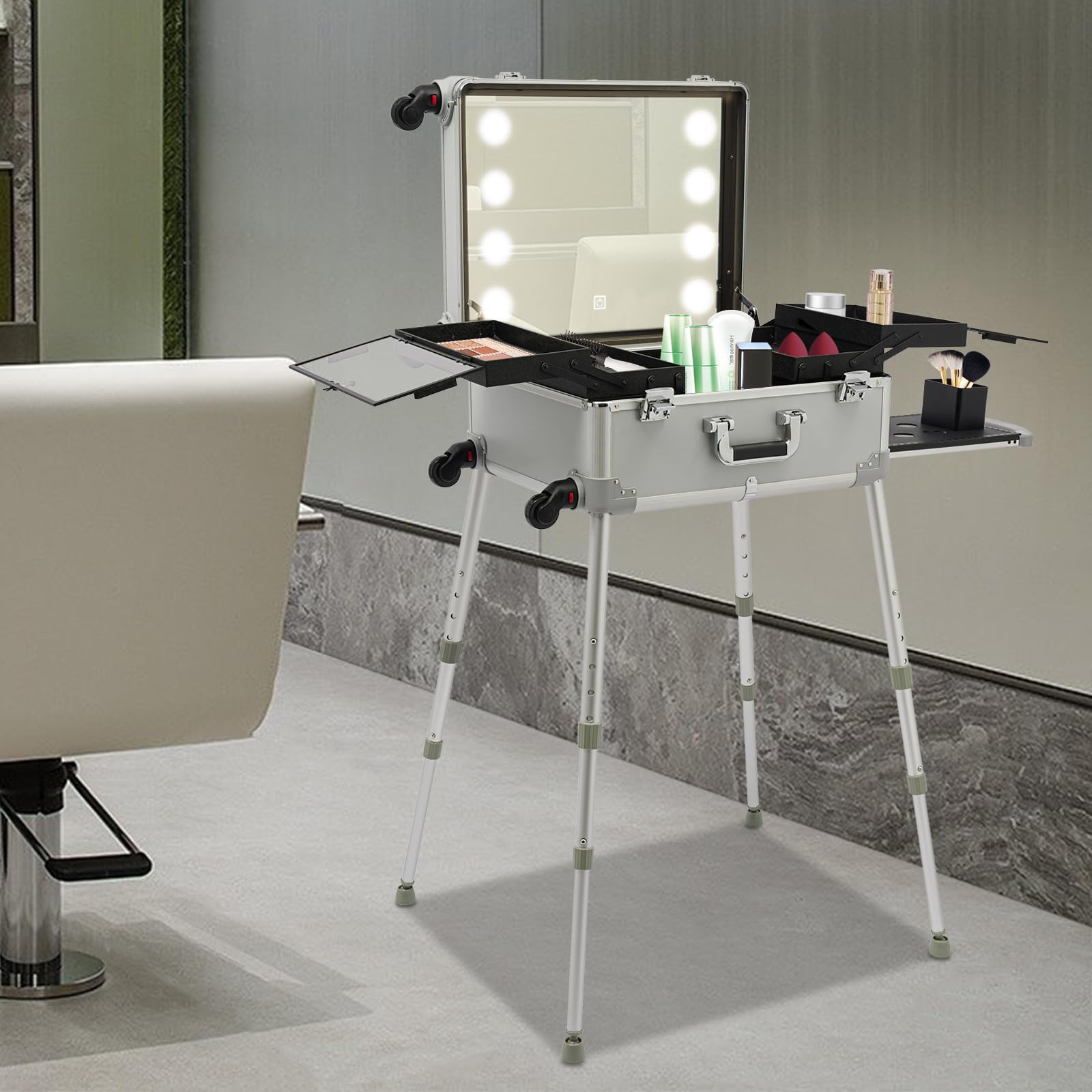 Silber Makeup-Zug-Koffer mit LED-Licht, Reise-Kosmetik-Organizer mit Make-up Spiegel Touch-in Make-up Mirror mit unsichtbarer Trolley-Halterung 8 Lichter