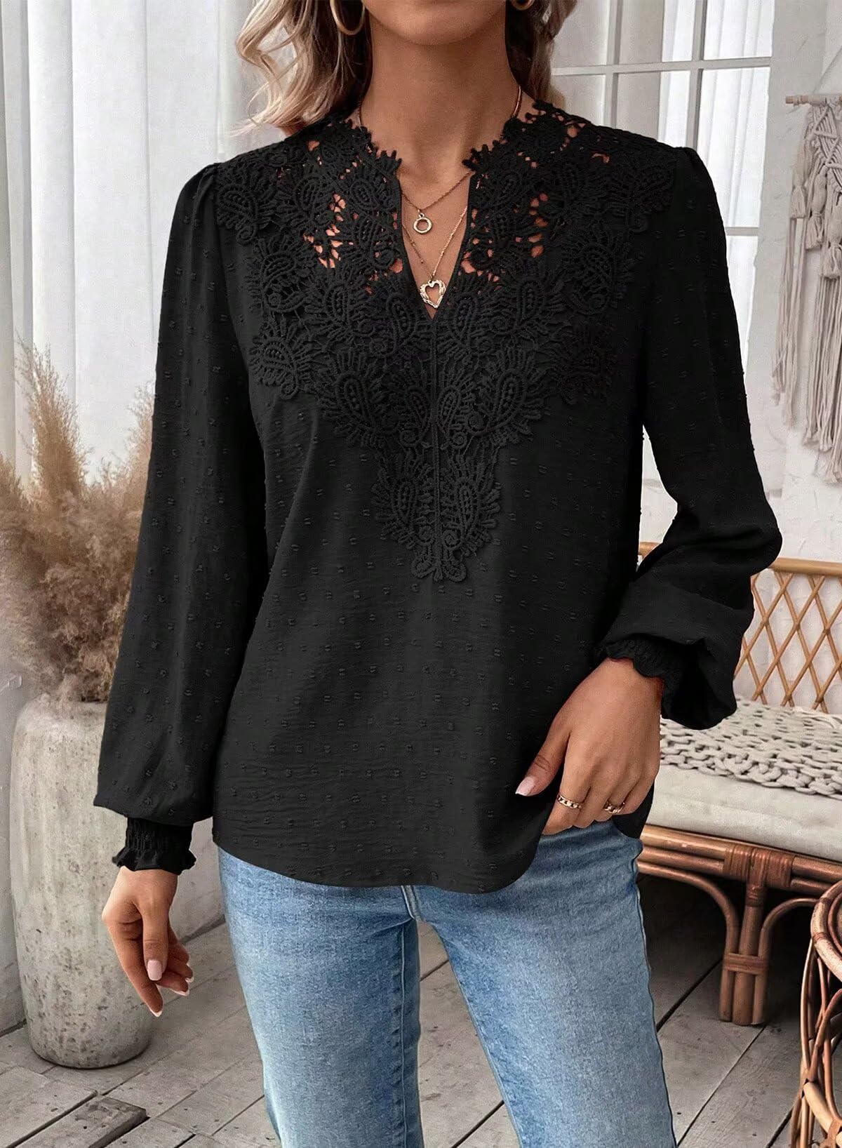 Womens Tops V Neck Boho Long Sleeve Shirts Swiss Dot Chiffon Blouses Flowy Lace Crochet Clothing Casual Trendy Tunic