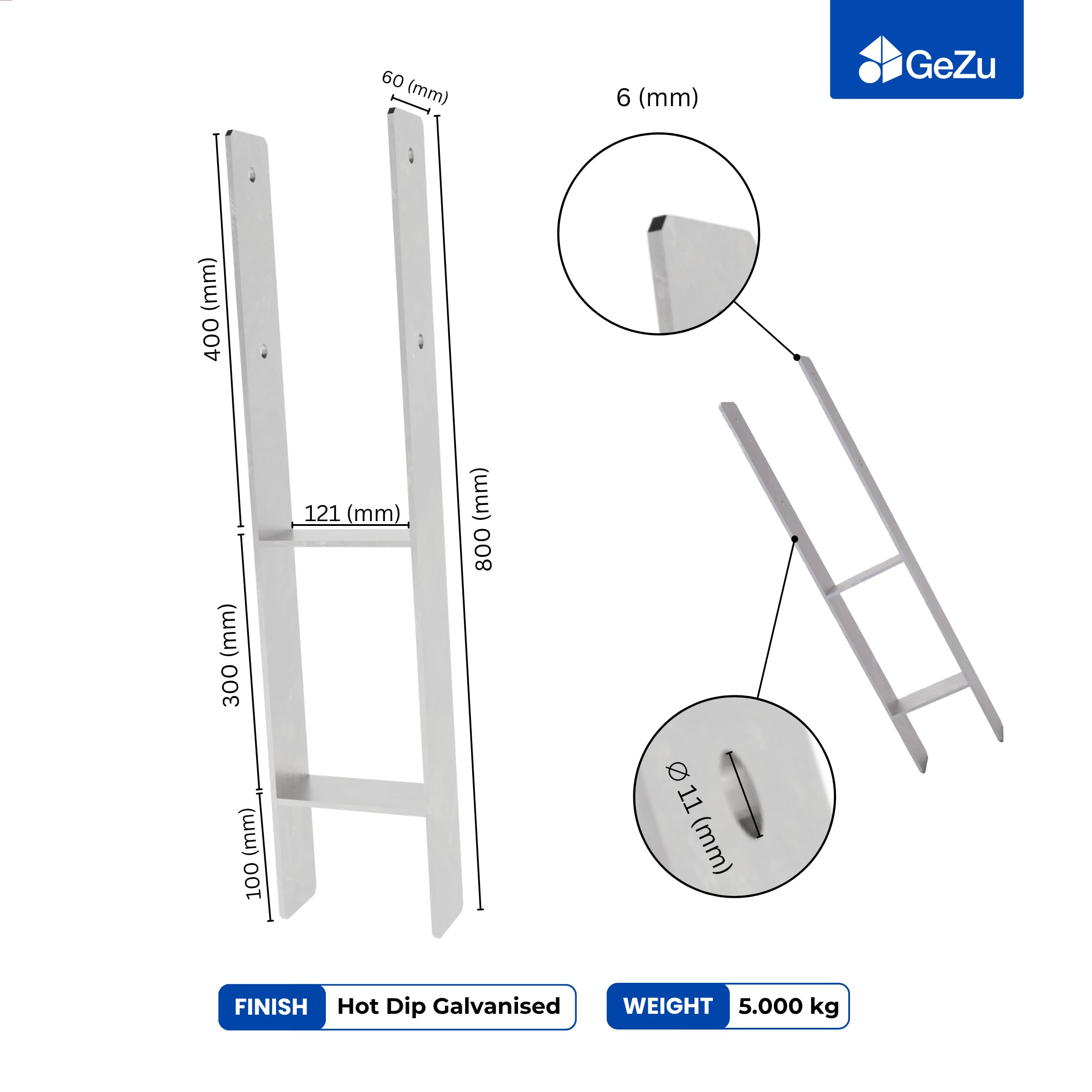 GeZu Impex Support de poteau H 121 x 800 mm | Galvanisé à Chaud Ancre platine bois Pied poteaux clôture