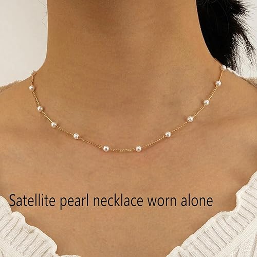 Miniatura 4 de WMISIY Dainty Pearl Necklaces for Women Girl 14K Gold Plated Layered Pearl Necklace Simple Pearl Choker Necklace Jewelry Gift