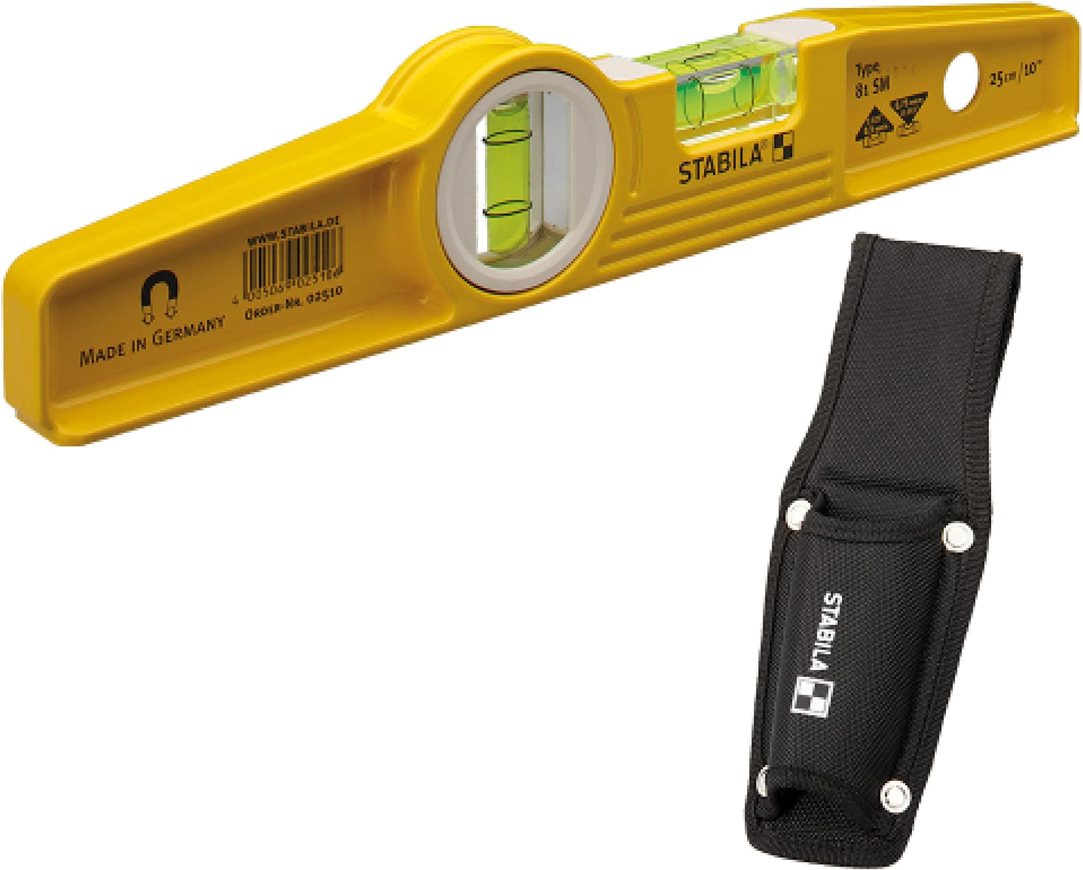 Stabila 81 SM Torpedo Level, 10in, Magnetic, Horizontal, Yellow/Black, 0.216 kg, Alloy Steel, 10 Years Vial Guarantee