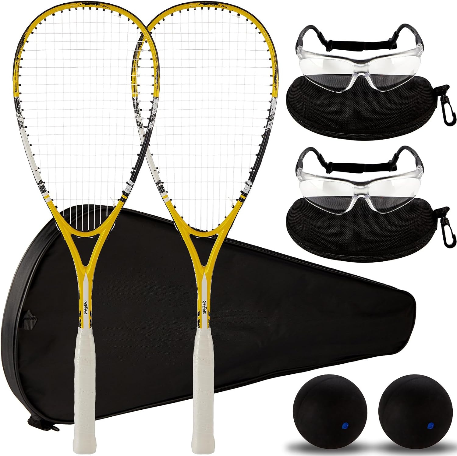 2 Pack Beginner Squash Racquet Set Includes Racquets with Racket Bags Anti Fog Goggles Cases Blue Dot Ball Indoor Gym Sports for Beginners Novice Training Recreational Play