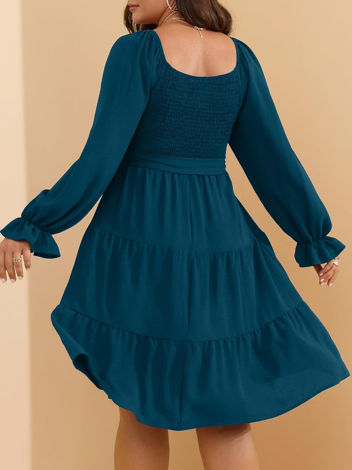 RWJ Womens Plus Size Fall Dress Long Sleeve Smocked Square Neck A-Line Wedding Guest Party Mini Dresses with Belt - Image 7