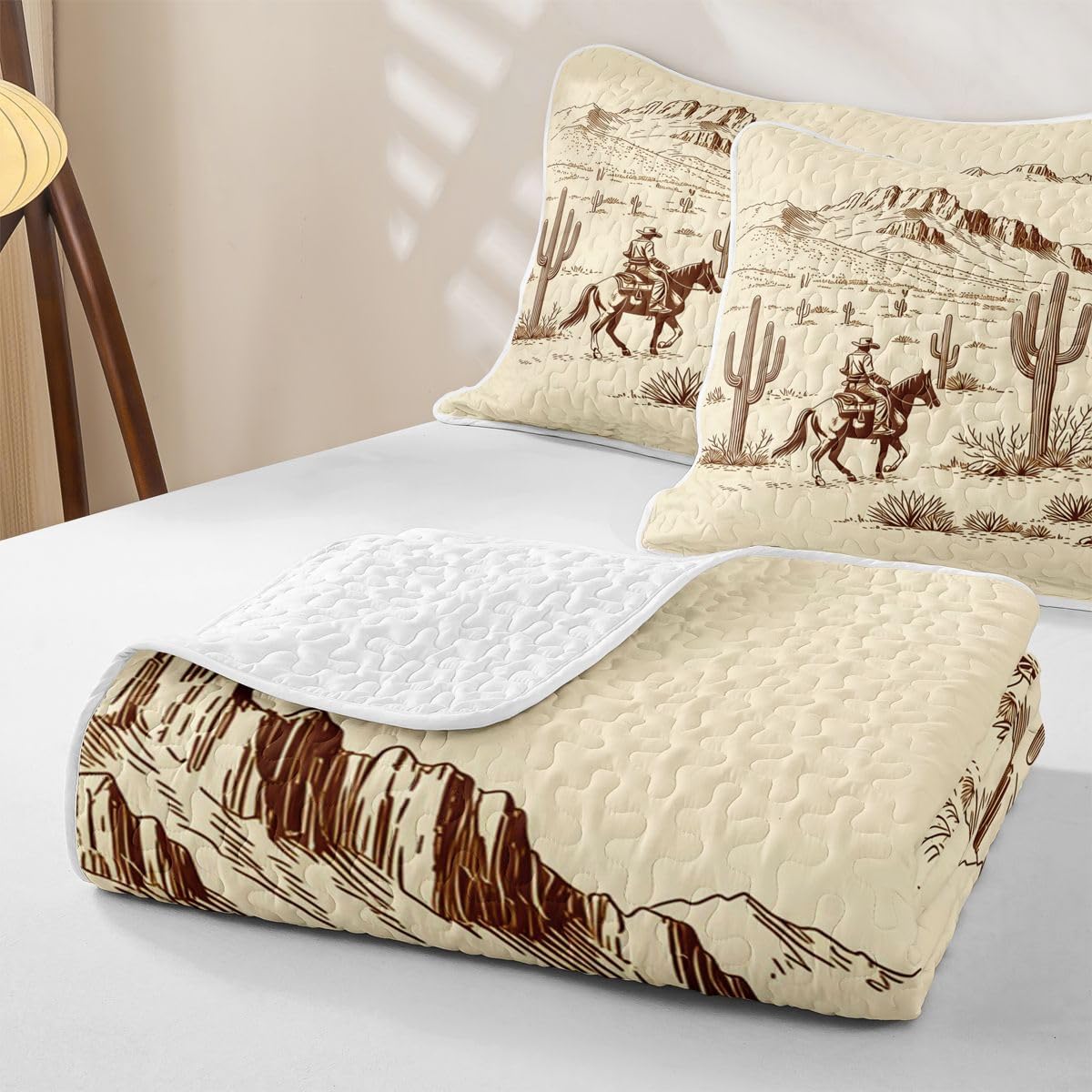 Manfei Western Cowboy Quilt Set,Vintage Country Quilted Coverlet Kids Boys Girls,Sketch Desert Lightweight Soft Bedspread Coverlet,White Brown Bedding with 1 Pillow Sham Twin Size