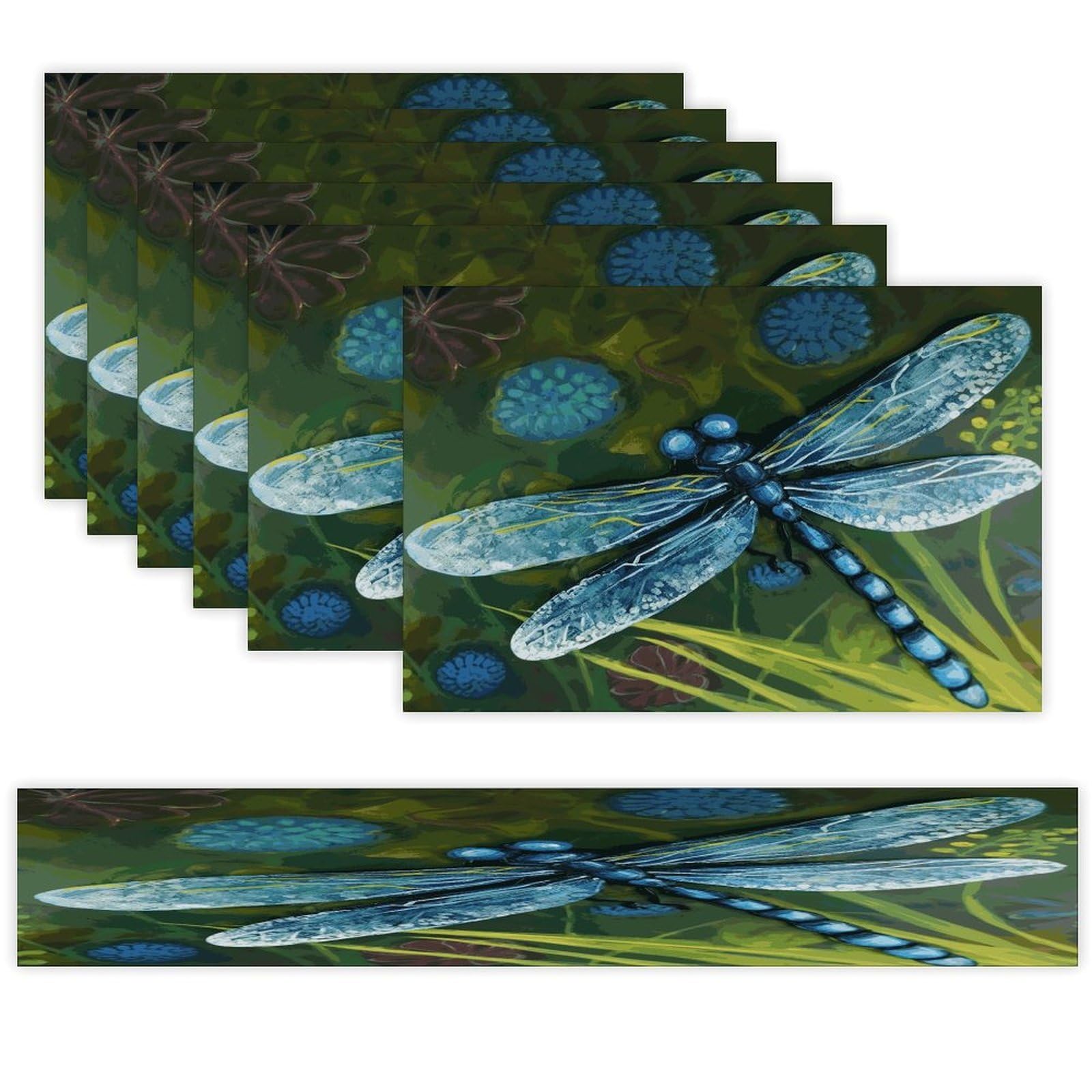 Hand Painted Blue Dragonfly Table Runner and Placemats Set of 6 for Kitchen Washable Table Mats Heat Resistant Place Mats Non-Slip Place Mat Wipeable Placemat(6 Placemats+1 Table Runner)